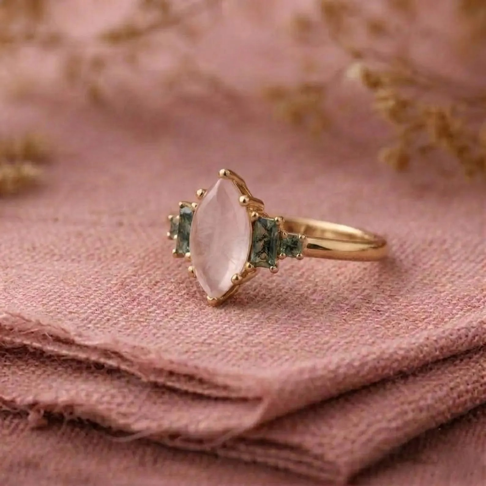 Rose Quartz Marquise Engagement Ring, Vintage Side Accent, Baguette Moss Agate, Green Gemstone Ring, Pink Quartz Gemstone Christmas Jewelry