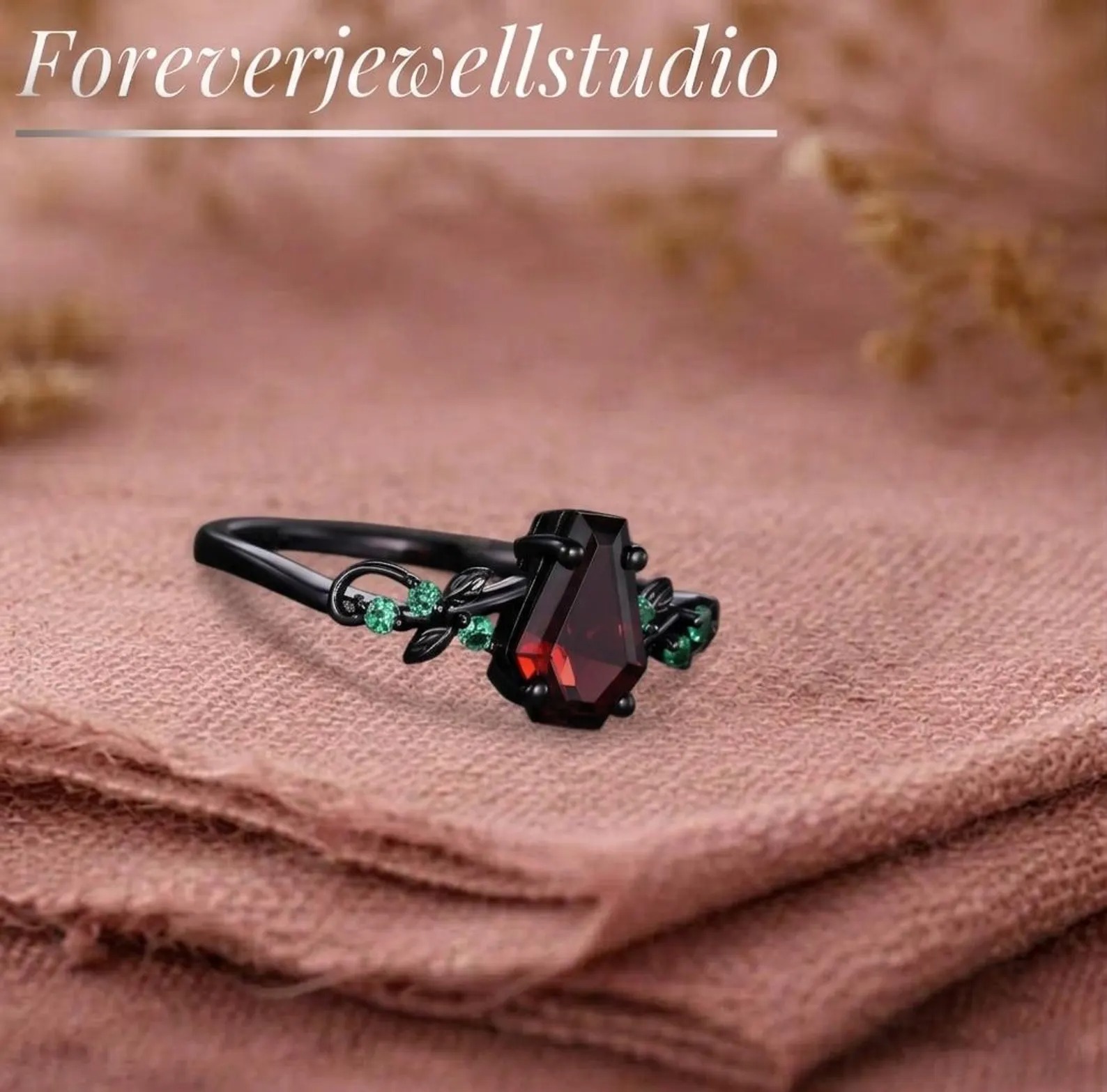Coffin Cut Red Garnet Ring, Black Gold Art Deco Leaf Engagement Ring, Nature Inspired Emerald Wedding Ring, Bridal Promise Ring, Garnet Ring