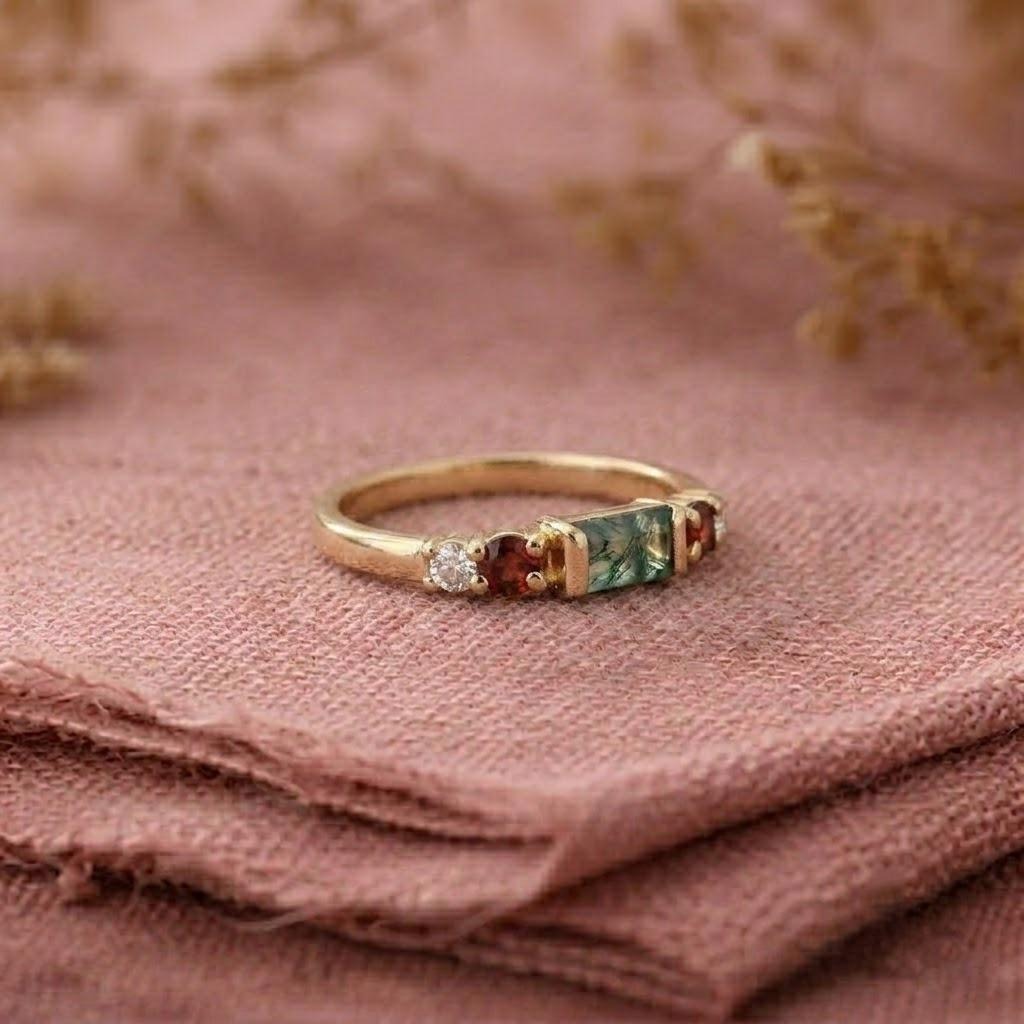 Moss Agate Engagement Ring, Gold Garnet & Moissanite Ring, Baguette Moss Agate Promise Ring, Nature Inspired Bridal Ring, Gift For Her
