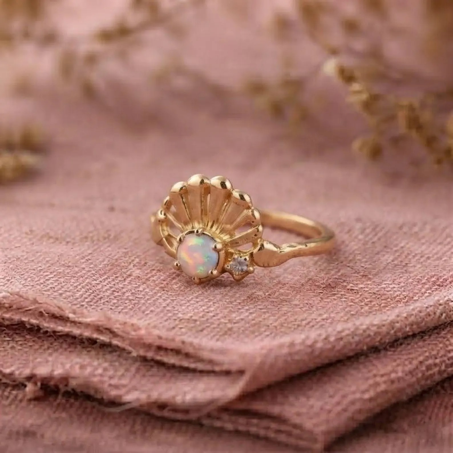 Opal Sunburst Ring, Gold Opal Ring, Celestial Engagement Ring, Vintage Inspired Opal Jewelry, Dainty Gold Ring, October Birthstone Ring