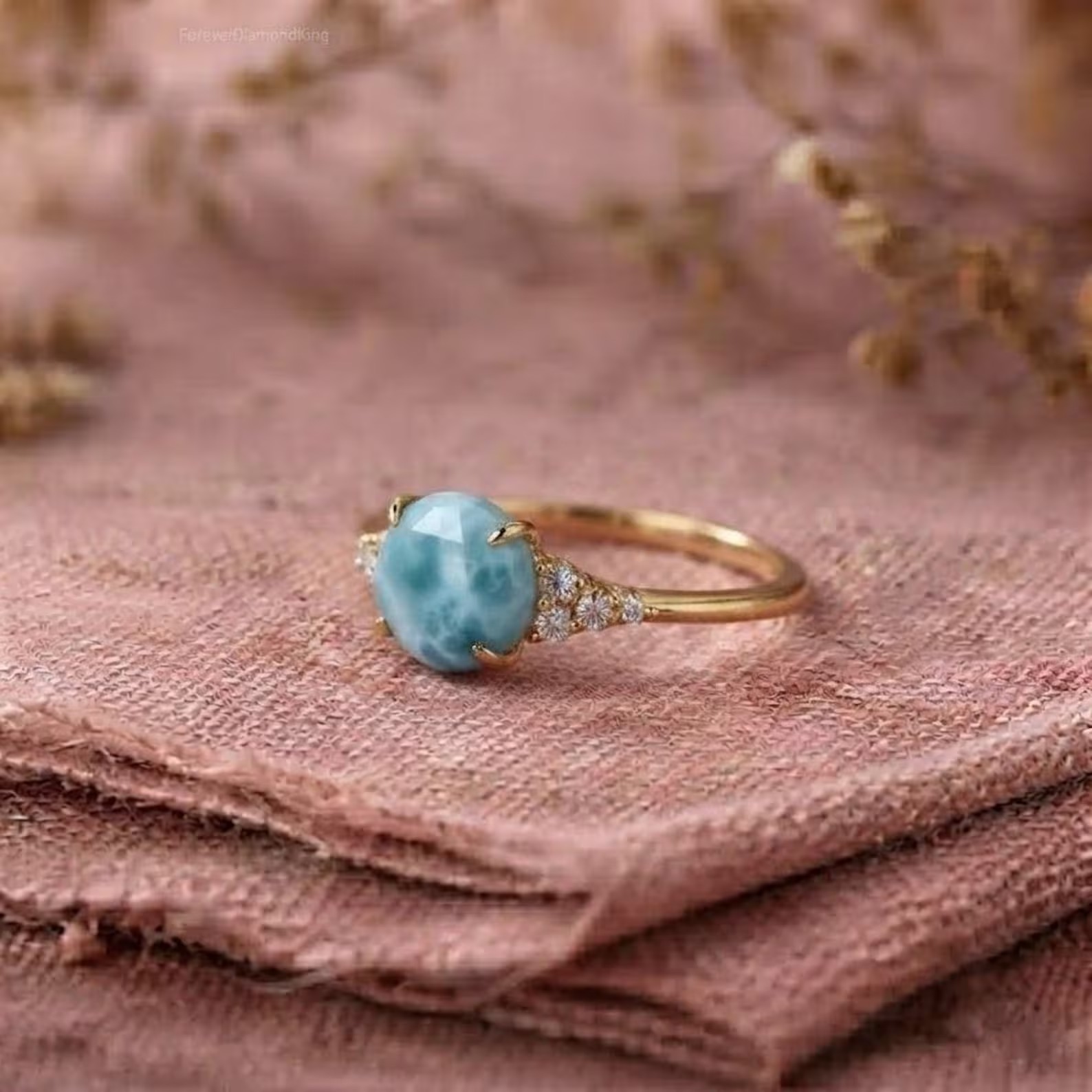 Larimar Ring, 925 Sterling Silver, Minimalist Everyday Jewelry, Round Cut Natural Larimar Engagement Ring, Ocean Blue Gemstone, Gift For Her
