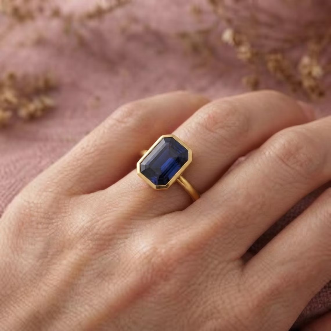 Emerald Cut Blue Sapphire Engagement Ring, Bezel Set Solitaire Ring, 14K Gold Minimalist Wedding Ring, September Birthstone Gift For Her