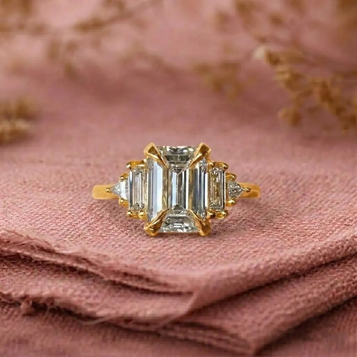 Art Deco Emerald Cut Engagement Ring, Baguette Cluster Wedding Ring, Geometric Gold Bridal Ring,