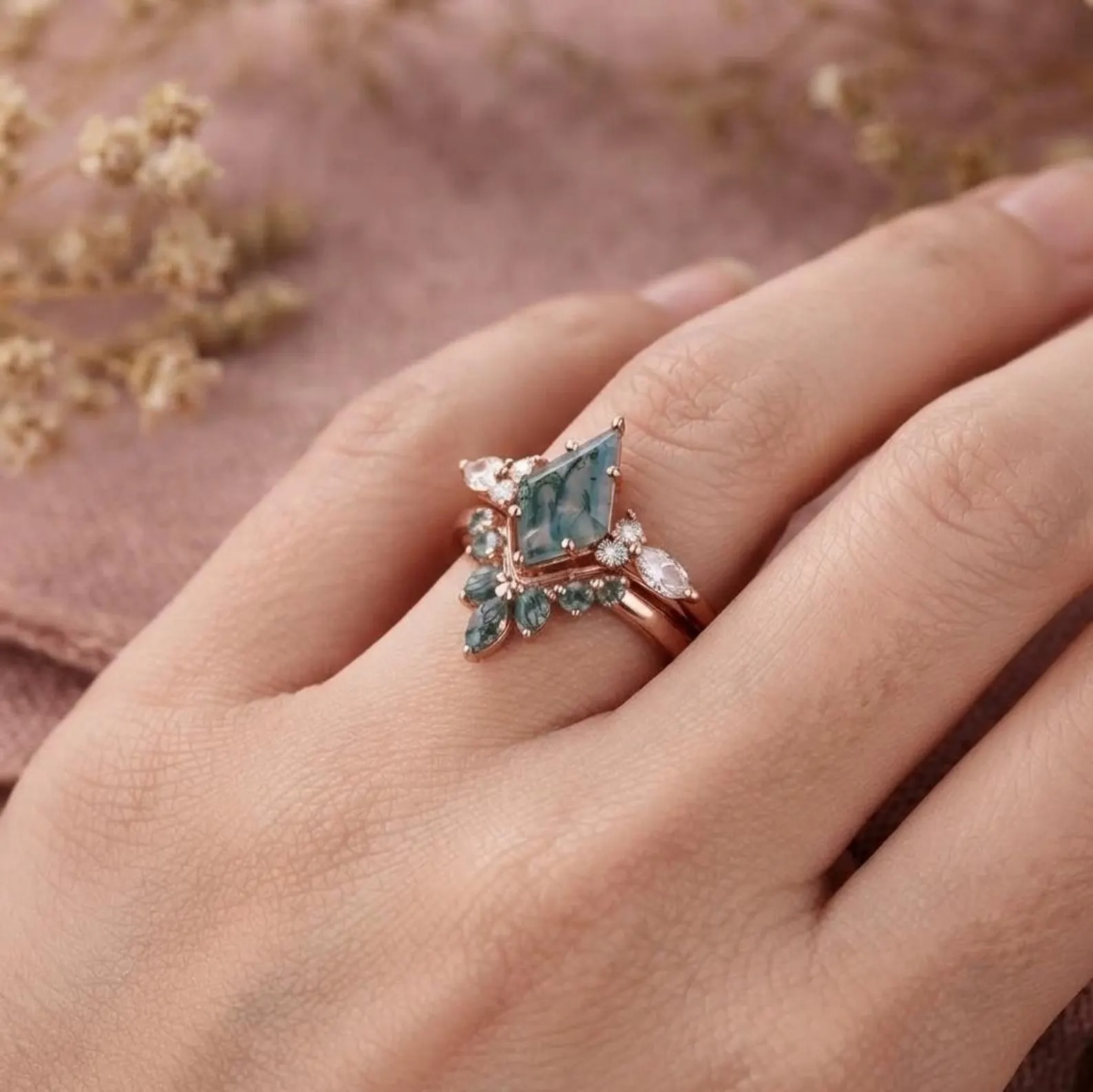 Vintage kite cut green moss agate engagement ring set, 14k rose gold marquise cut Moss agate ring for women, unique bridal wedding ring set