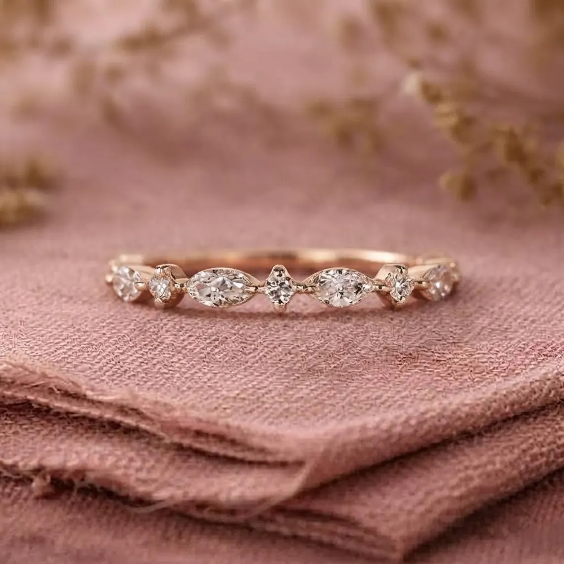 Silver Marquise Moissanite Wedding Band, Leaf Design Eternity Ring, Stackable Bridal Band, Anniversary Gift For Her, Bridal Promise Band