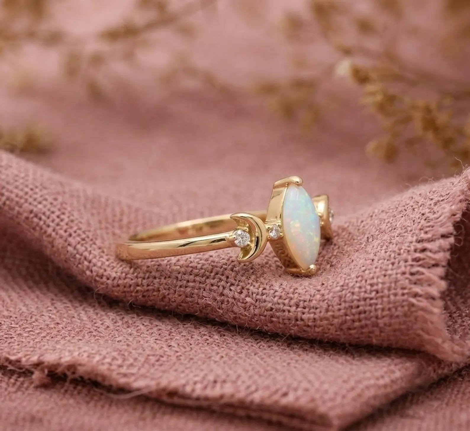 Marquise Opal Engagement Ring, 925 Sterling Silver Ring, October Birthstone Ring, Vintage Half Moon Unique Ring, Diamond Cluster Gift Ring