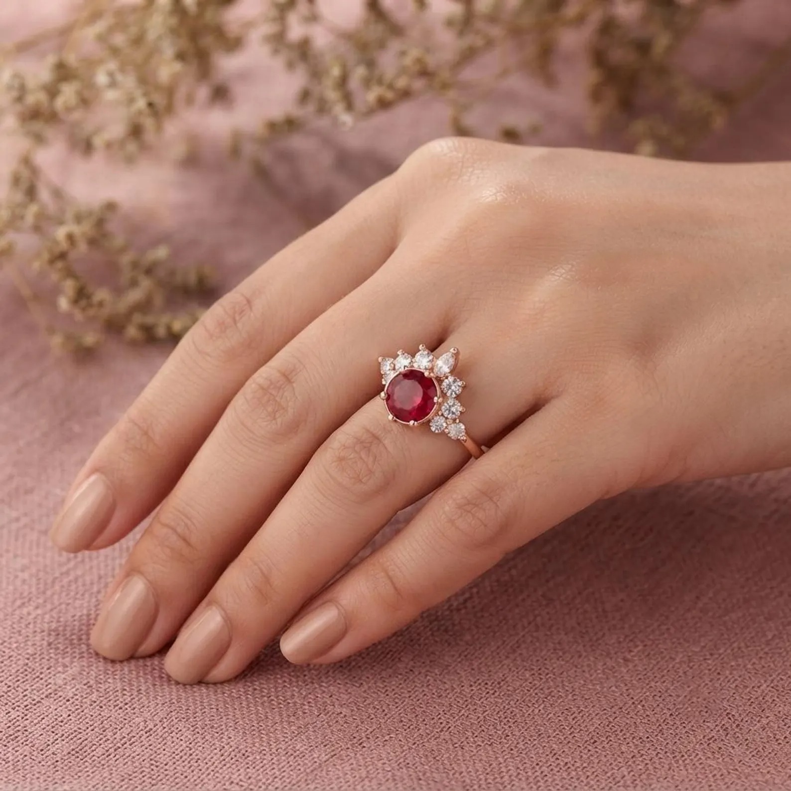 Ruby Engagement Ring, Rose Gold Cluster Ring, Red Round Gemstone Bridal Ring, Vintage Inspired Diamond Promise Ring, Romantic Gift For Her