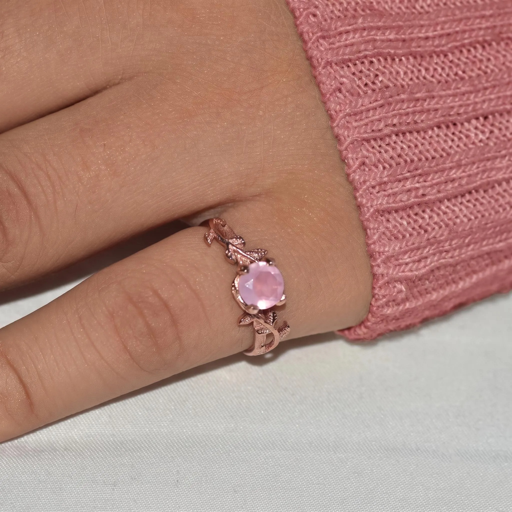 Round Cut Natural Rose Quartz Ring, Rose Gold Leaf Engagement Ring, Pink Gemstone Solitaire Ring, Healing Stone Promise Gift
