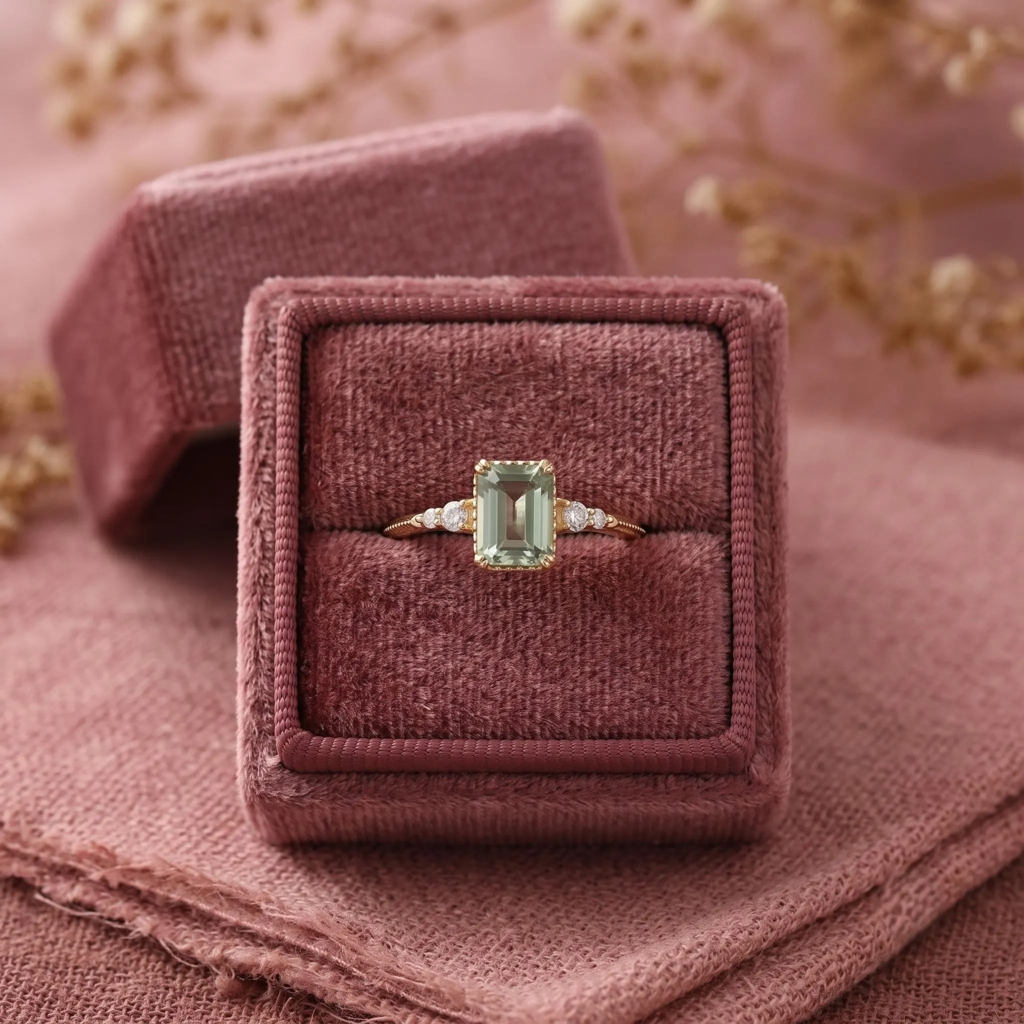 Unique Green Amethyst Ring 14k Yellow Gold Emerald Cut Amethyst Ring, February Birthstone Solitaire Ring, Delicate CZ Ring, Gift For Women