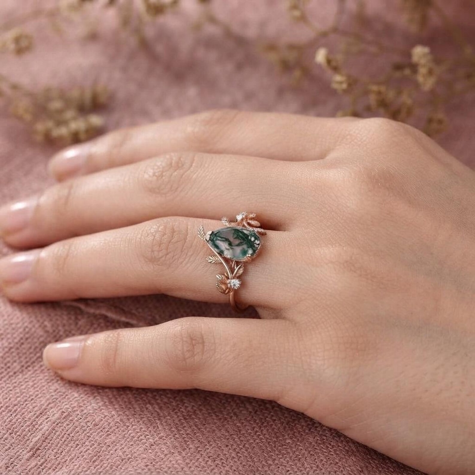 Pear Moss agate Engagement Ring, Leaf Ring, Nature Inspired Ring, Branch Ring, Personalized Ring, Delicate Ring, Promise Ring For Women