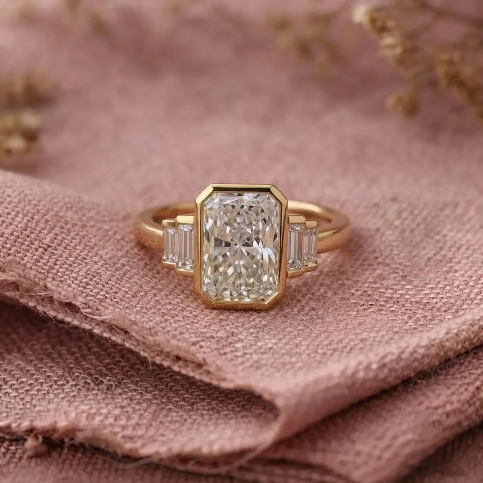 Bezel Set Emerald Cut Moissanite Engagement Ring, Baguette Cut Ring, Moissanite Cluster Ring, Promise Ring for Women, Five Stone Bridal Ring