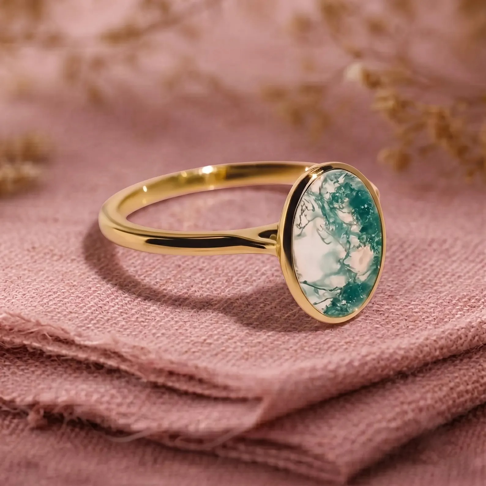 Vintage Oval Cut Green Moss Agate Engagement Ring, Unique Bezel Set Ring Solitaire Ring, Rose Gold Anniversary Ring, Promise Ring For Her