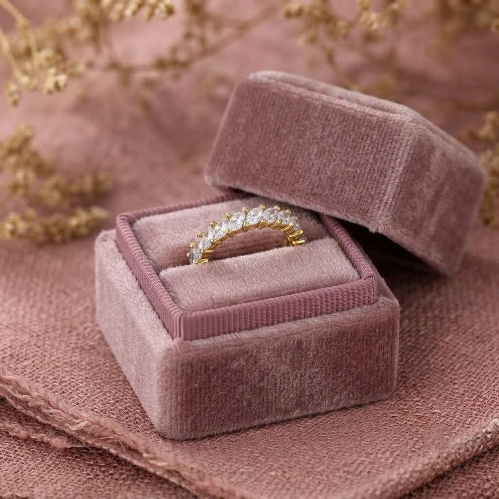 Vintage Moissanite Marquise Cut Wedding Band, 14k Yellow Gold Engagement Band, Women Full Eternity Band Promise Ring. Anniversary Band Ring