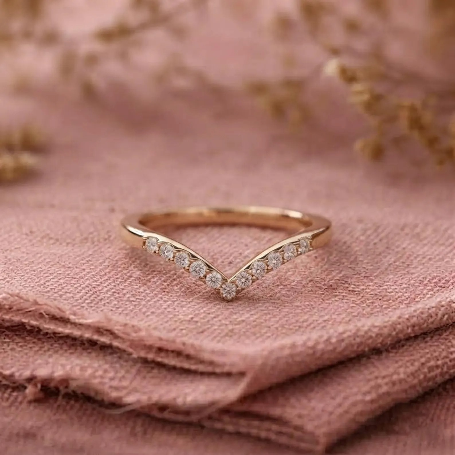 Chevron Wedding Band, Moissanite V Shaped Wedding Band For Women, Vintage Diamond Curved Matching Band, Half Eternity Moissanite Band Ring