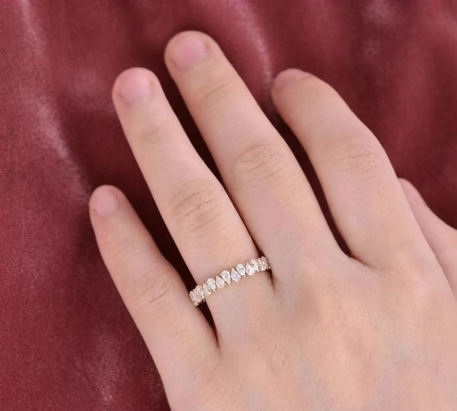 Pear Cut Moissanite Wedding Band, Lab Grown Diamond Bridal Band, 14K Solid Gold Moissanite Anniversary Band, Full Eternity Moissanite Band