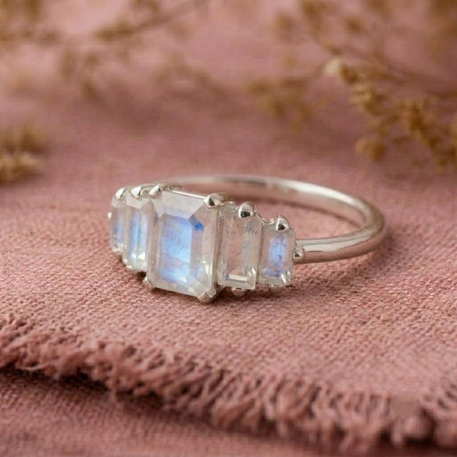 Natural Moonstone Ring, Emerald Cut Moonstone Ring, Christmas Gift, Engagement Ring, Statement Ring, Sterling Silver Ring, Bridal Jewelry