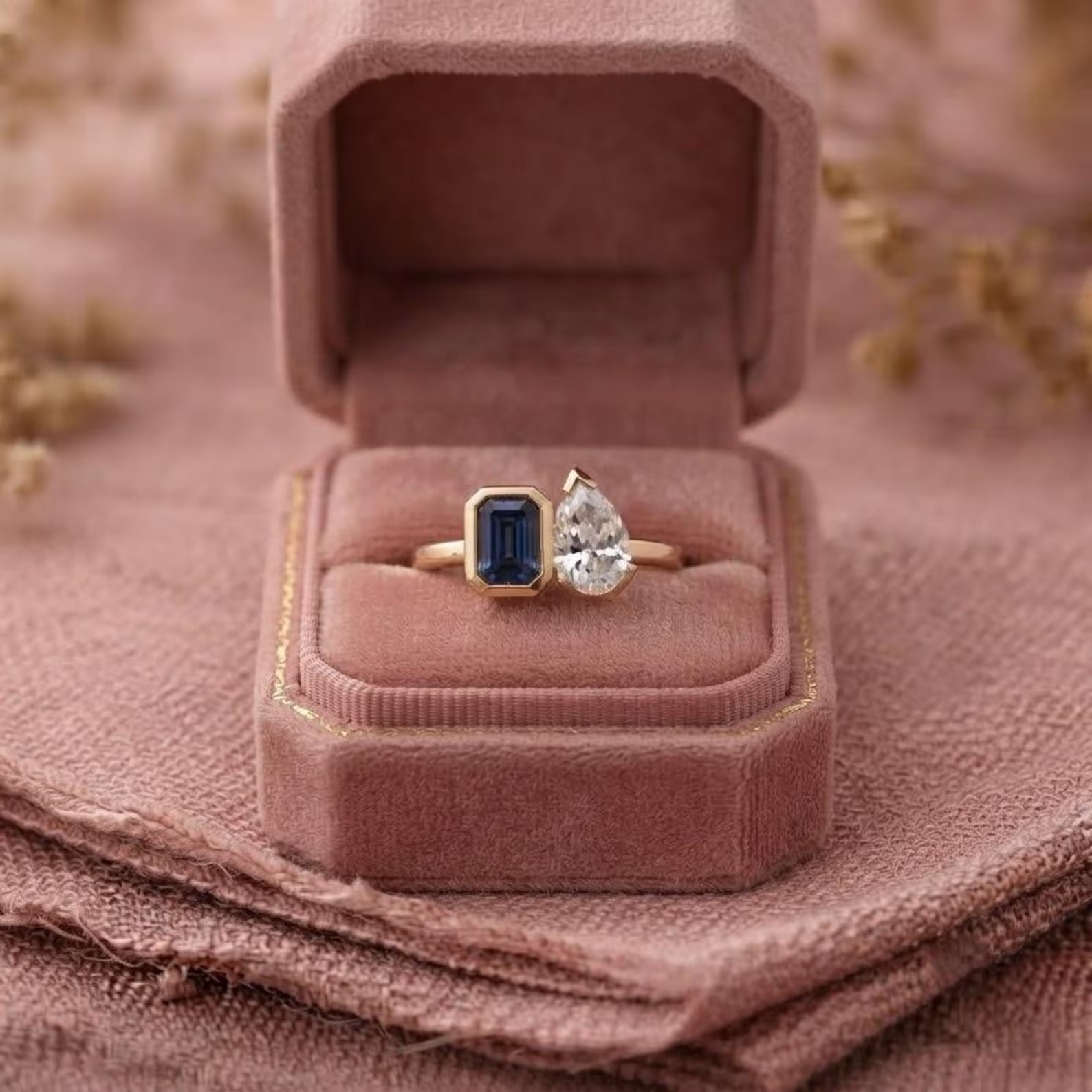 Emerald Cut Sapphire and Pear Moissanite Toi Et Moi Ring, 925 Silver Ring, Vintage Two Stone Bridal Ring, Bezel Set Solitaire Sapphire Ring
