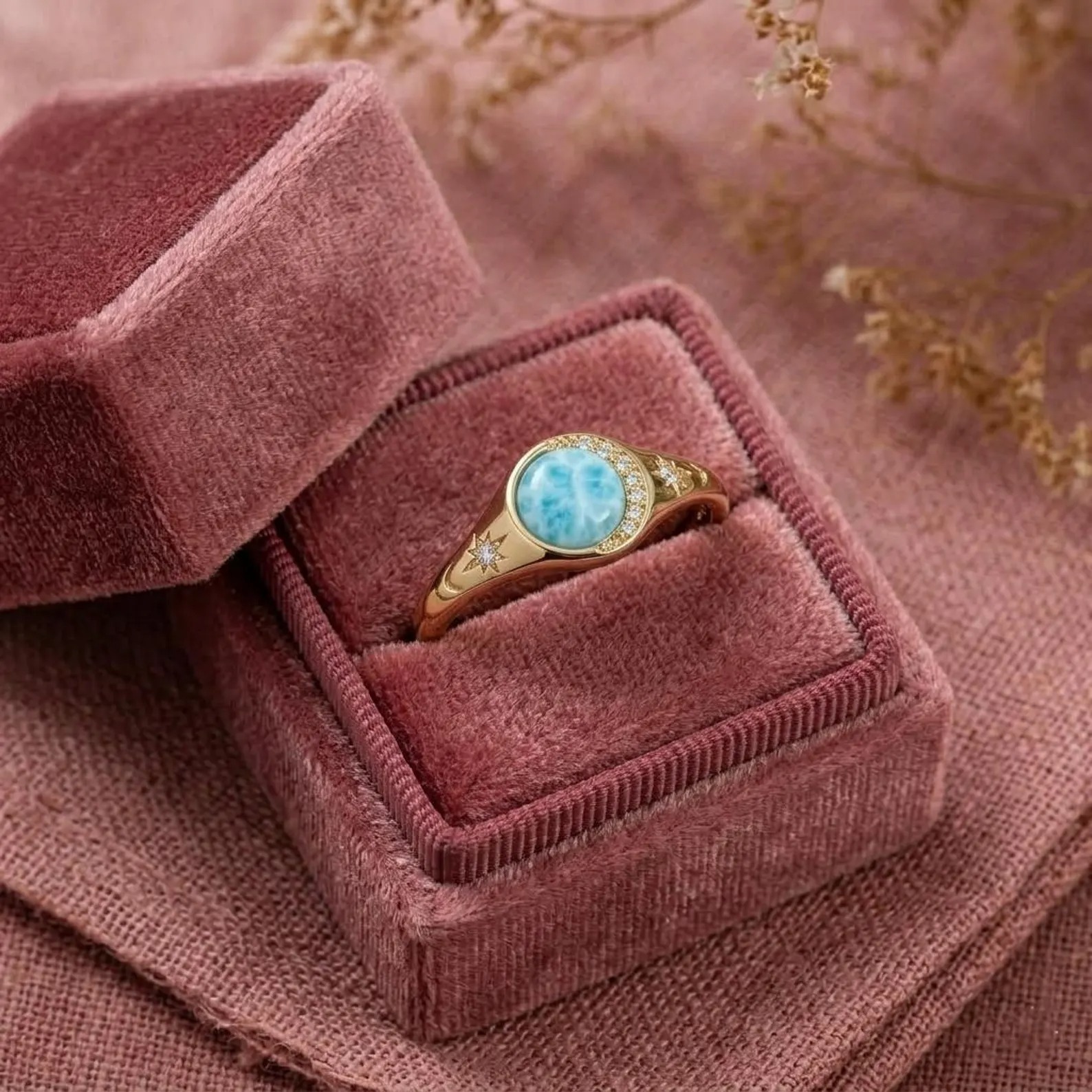 Crescent Moon Larimar Ring Gold Celestial Ring Blue Stone Ring Star Engraved Band Minimalist Dainty Jewelry Gift for Her Christmas Gifts