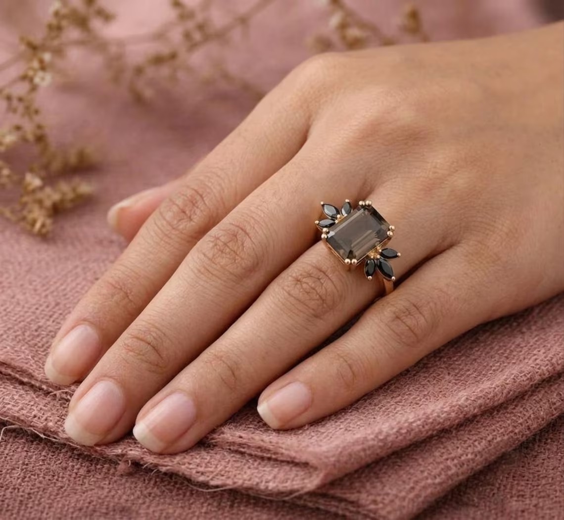 Smoky Quartz & Black Onyx Ring, Emerald Cut Smoky Quartz Ring Solitaire Ring For Women, Anniversary Ring-Statement Ring, Gift For Her