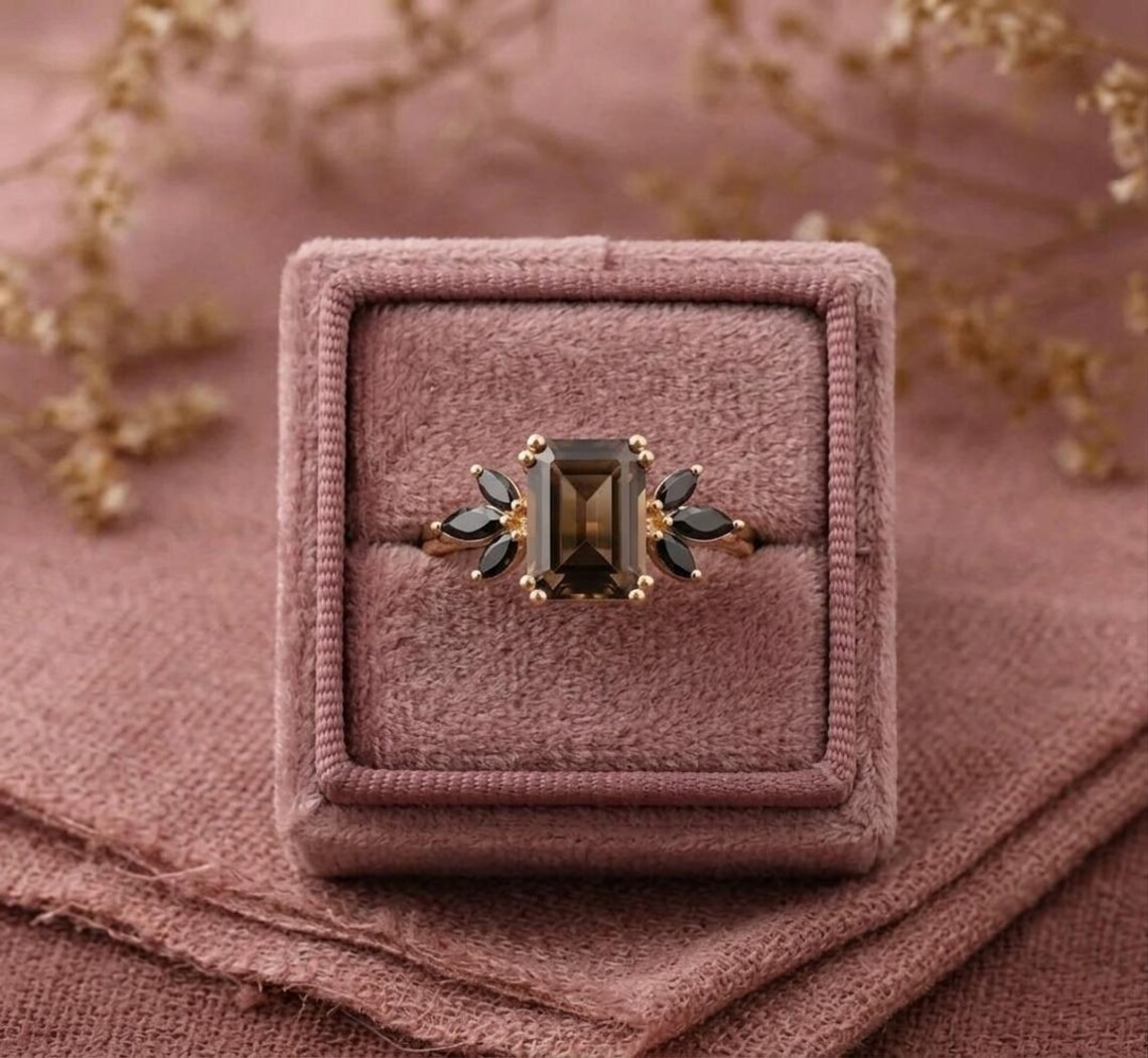 Smoky Quartz & Black Onyx Ring, Emerald Cut Smoky Quartz Ring Solitaire Ring For Women, Anniversary Ring-Statement Ring, Gift For Her