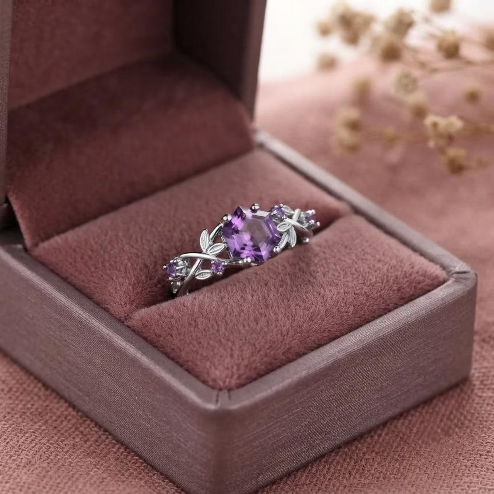 Vintage Hexagon Amethyst Engagement Ring, Unique Leaf Promise Ring, Purple Gemstone Ring, 14K Rose Gold Amethyst Wedding Ring, Gift For Her
