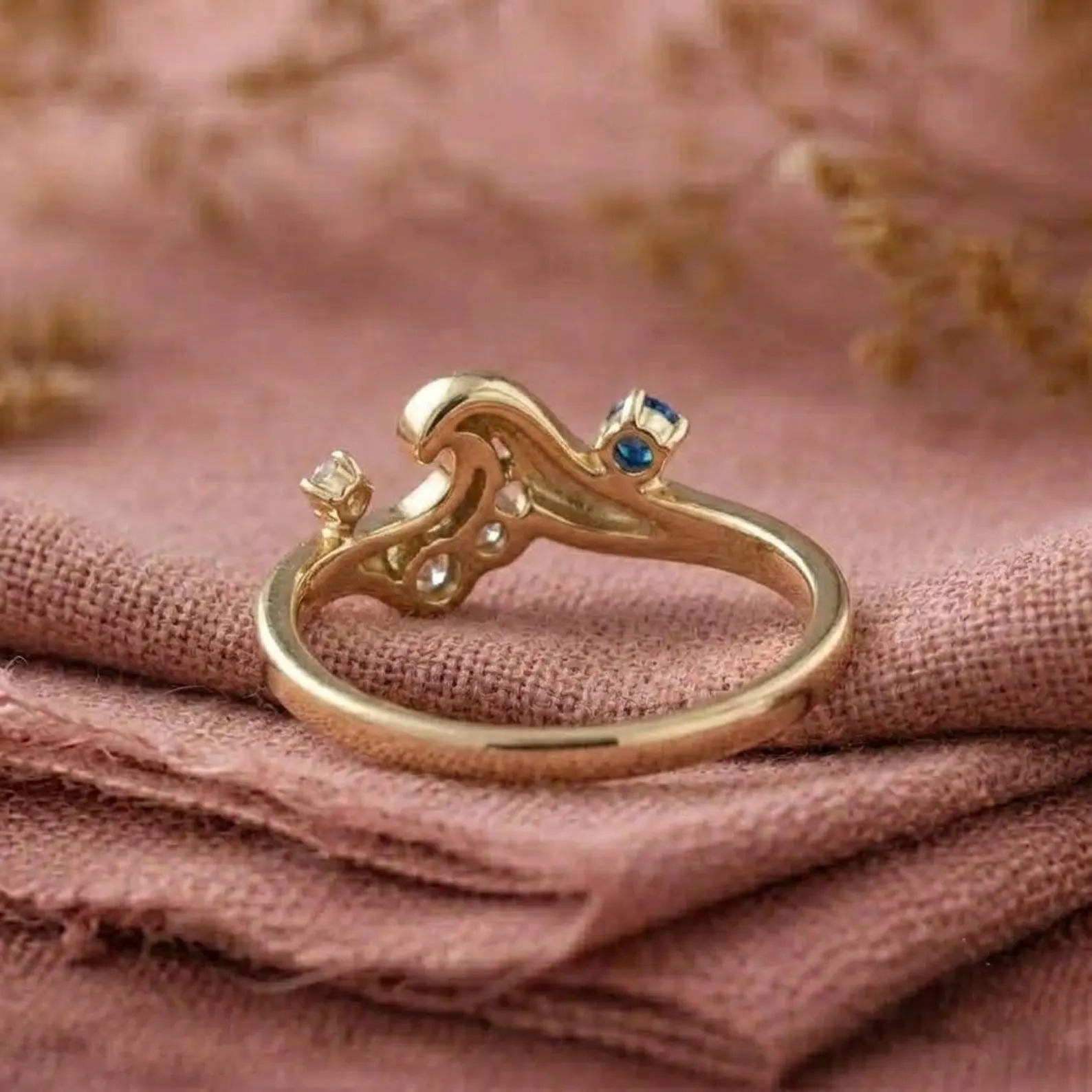 Ocean Wave Sapphire Ring, Blue Sapphire Engagement Ring, Gold Wave Ring, Minimalist Promise Ring, Beach Lover Gift, Dainty Diamond Ring