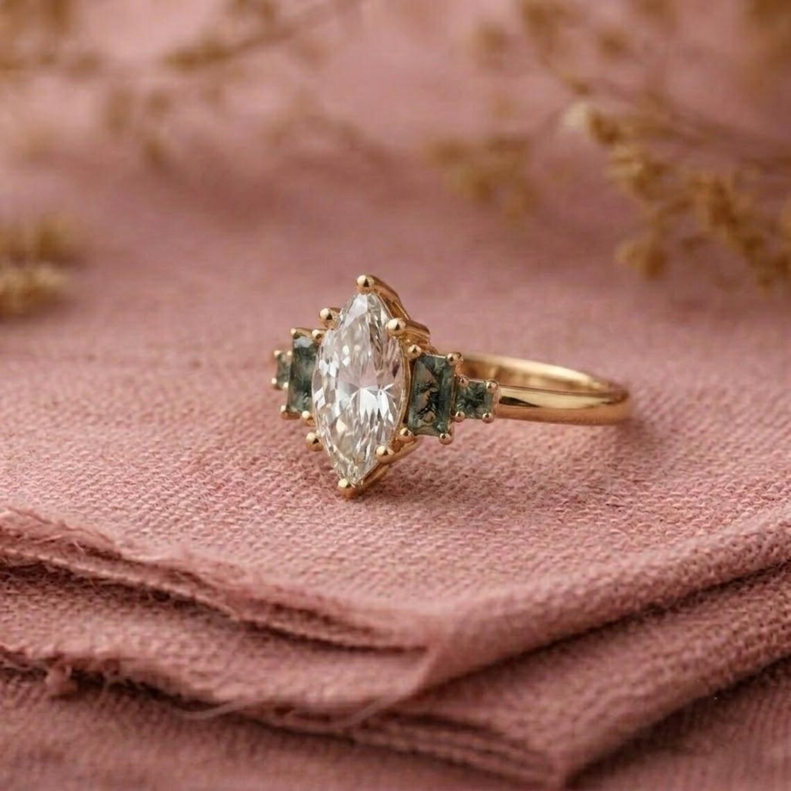 Marquise Moissanite Moss Agate Engagement Ring, Vintage Side Accent, Baguette Green Gemstone Ring, Unique Bridal Gold Jewelry, Gift for Her