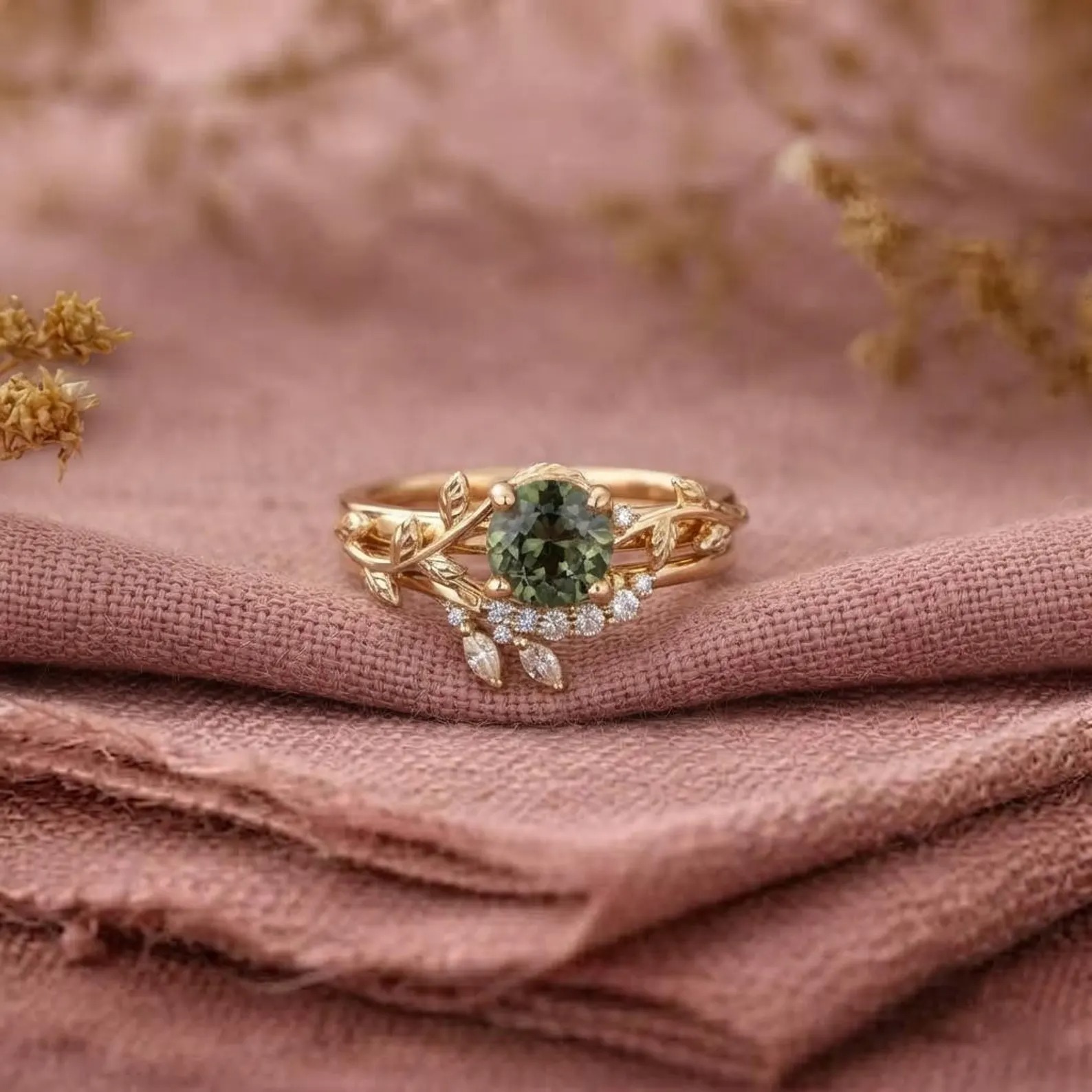 Vintage Green Sapphire Engagement Ring Set 14k Solid Gold Marquise Cut Moissanite Ring Diamond Leaf Ring Bridal Set Promise Anniversary Ring