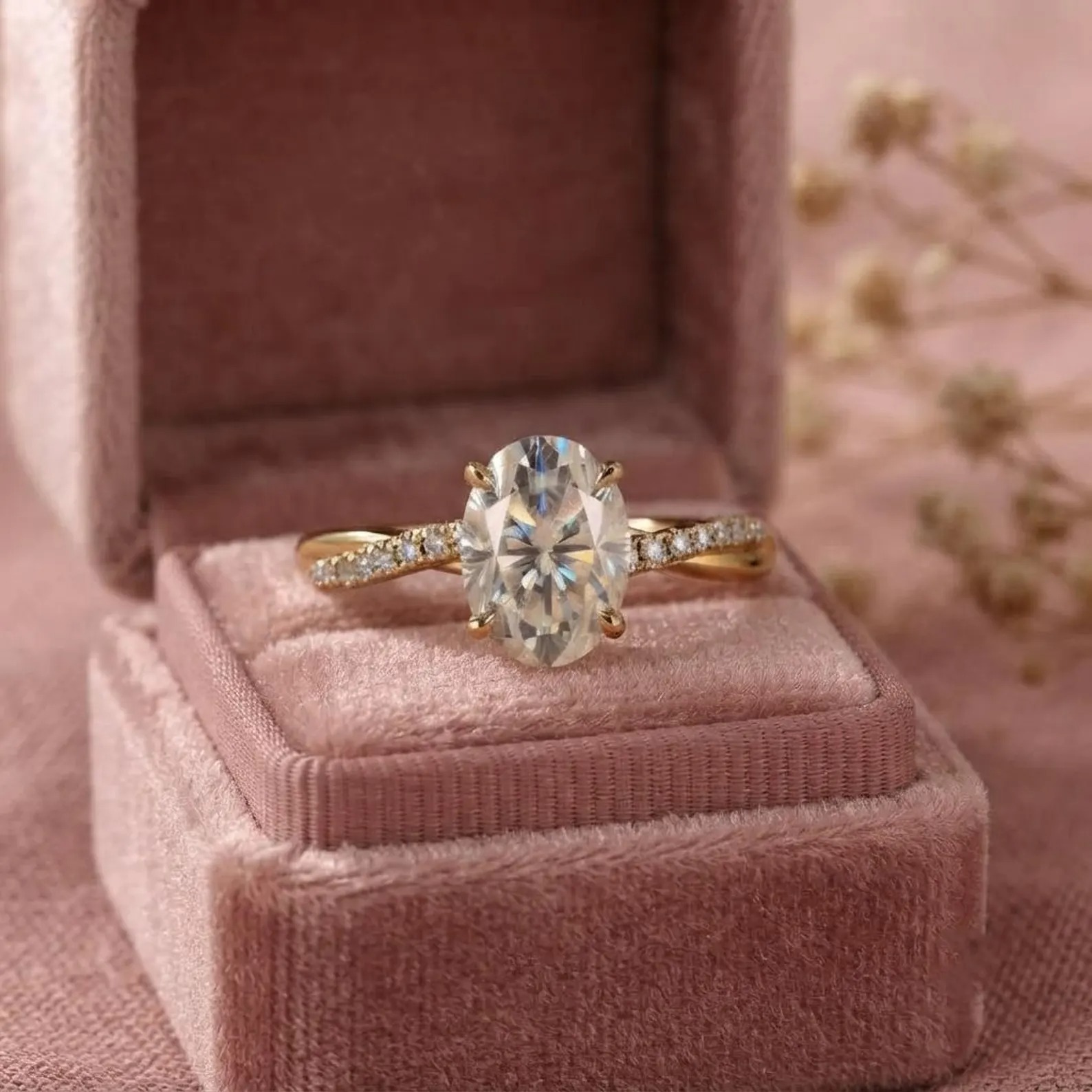 Oval Moissanite Engagement Ring, Infinity Twist Band, Round Accent Stones, Dainty Bridal Ring, Minimalist Proposal Ring, Christmas Gift