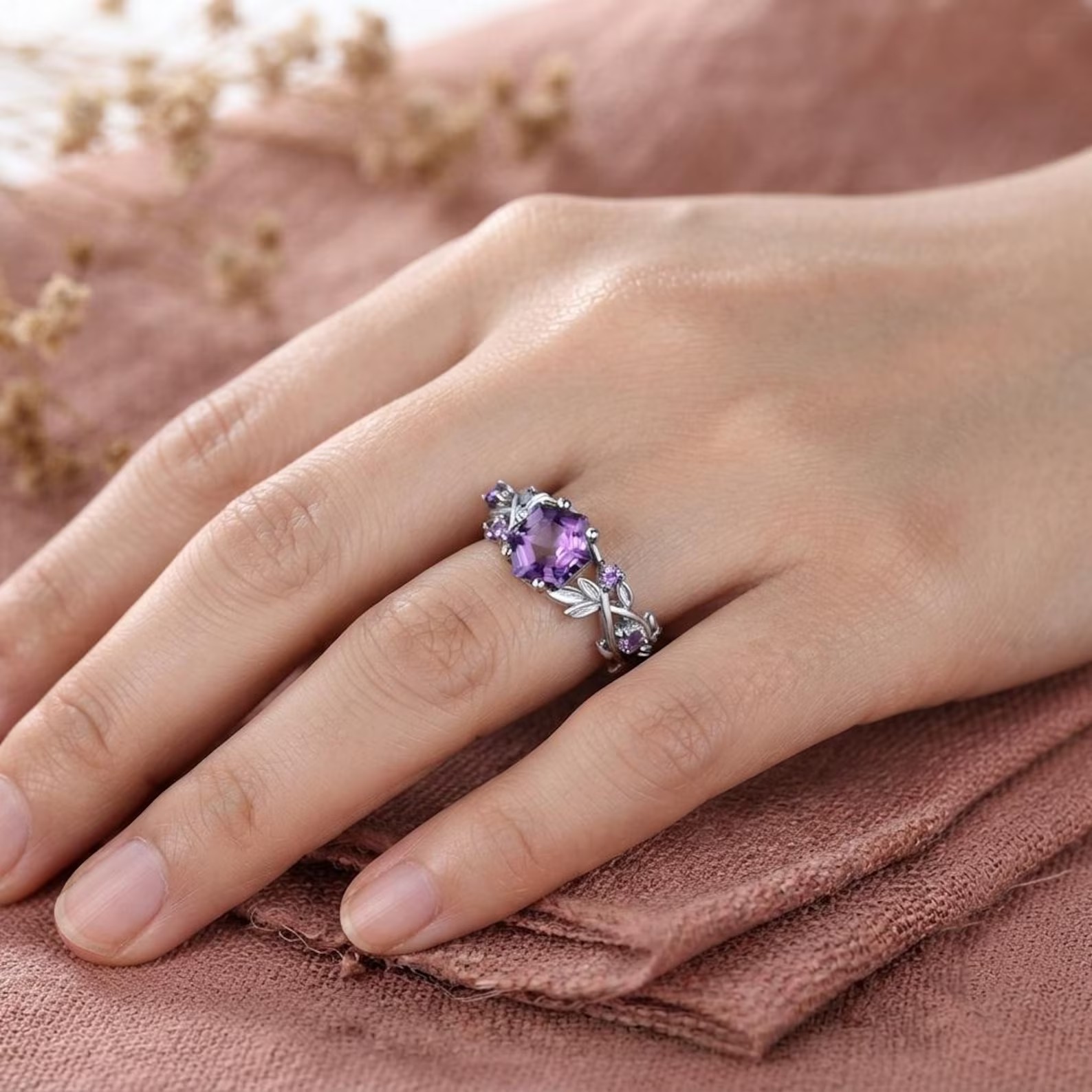 Vintage Hexagon Amethyst Engagement Ring, Unique Leaf Promise Ring, Purple Gemstone Ring, 14K Rose Gold Amethyst Wedding Ring, Gift For Her