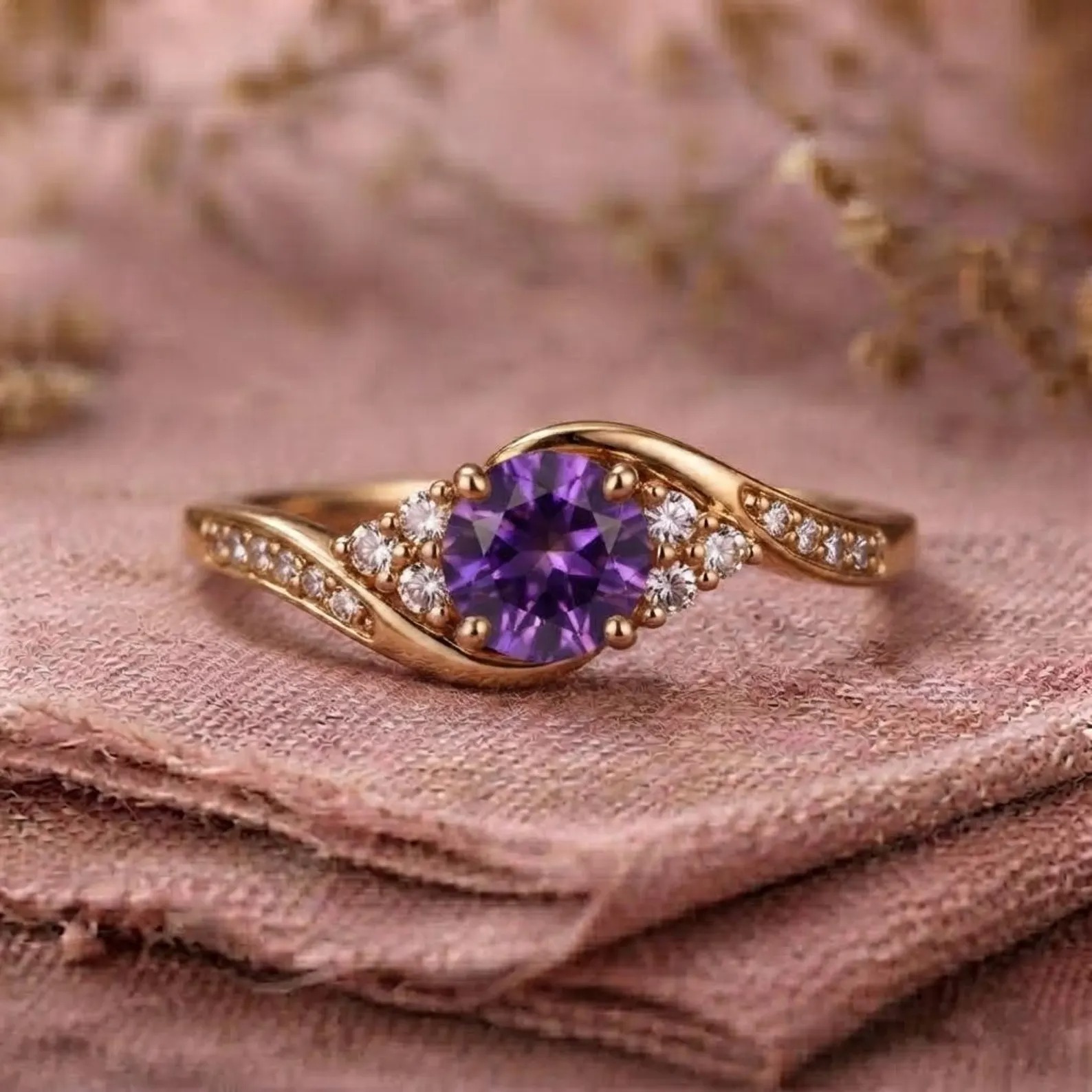 Purple Amethyst Gold Ring, Floral Gemstone Gift Ring, Vintage Inspired Diamond Cluster Ring, Statement Ring, Round Amethyst Engagement Ring