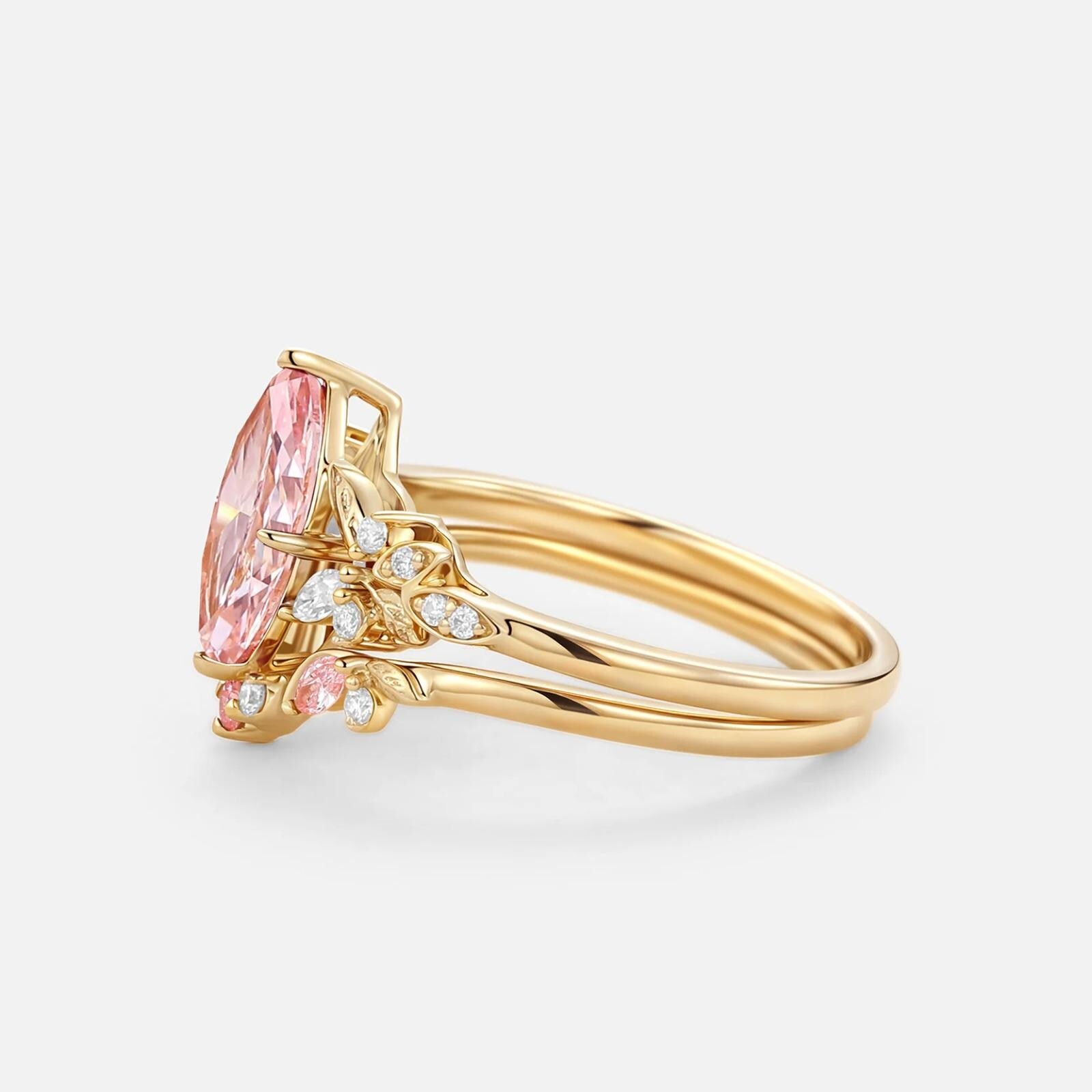 Vintage Pink Marquise Sapphire Bridal Ring Set / Rose Gold Floral Engagement Ring Set, Vintage Leaf Diamond Cluster Wedding Band, Bridal Set