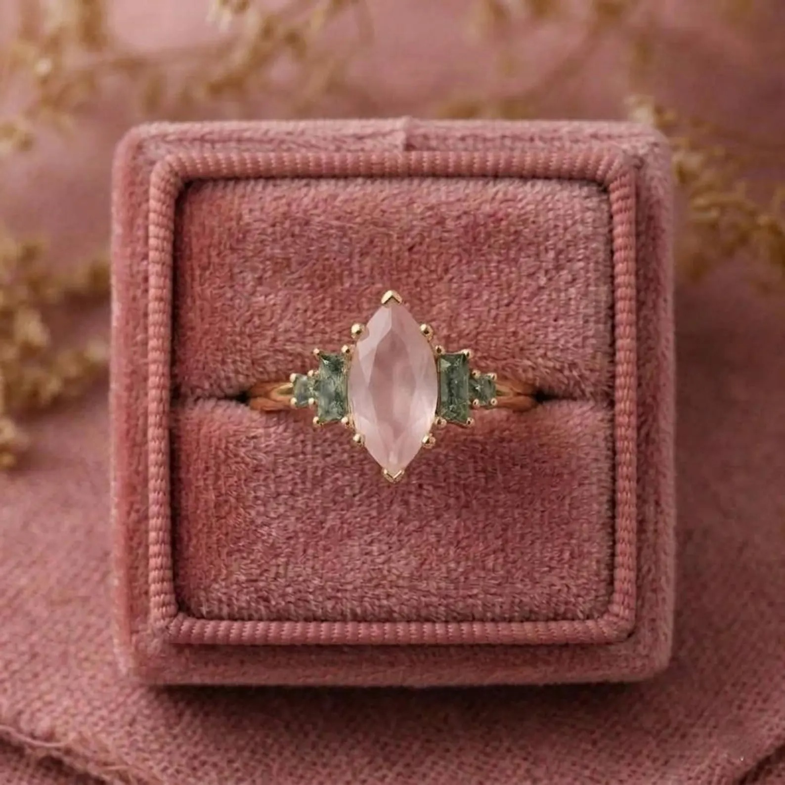 Rose Quartz Marquise Engagement Ring, Vintage Side Accent, Baguette Moss Agate, Green Gemstone Ring, Pink Quartz Gemstone Christmas Jewelry