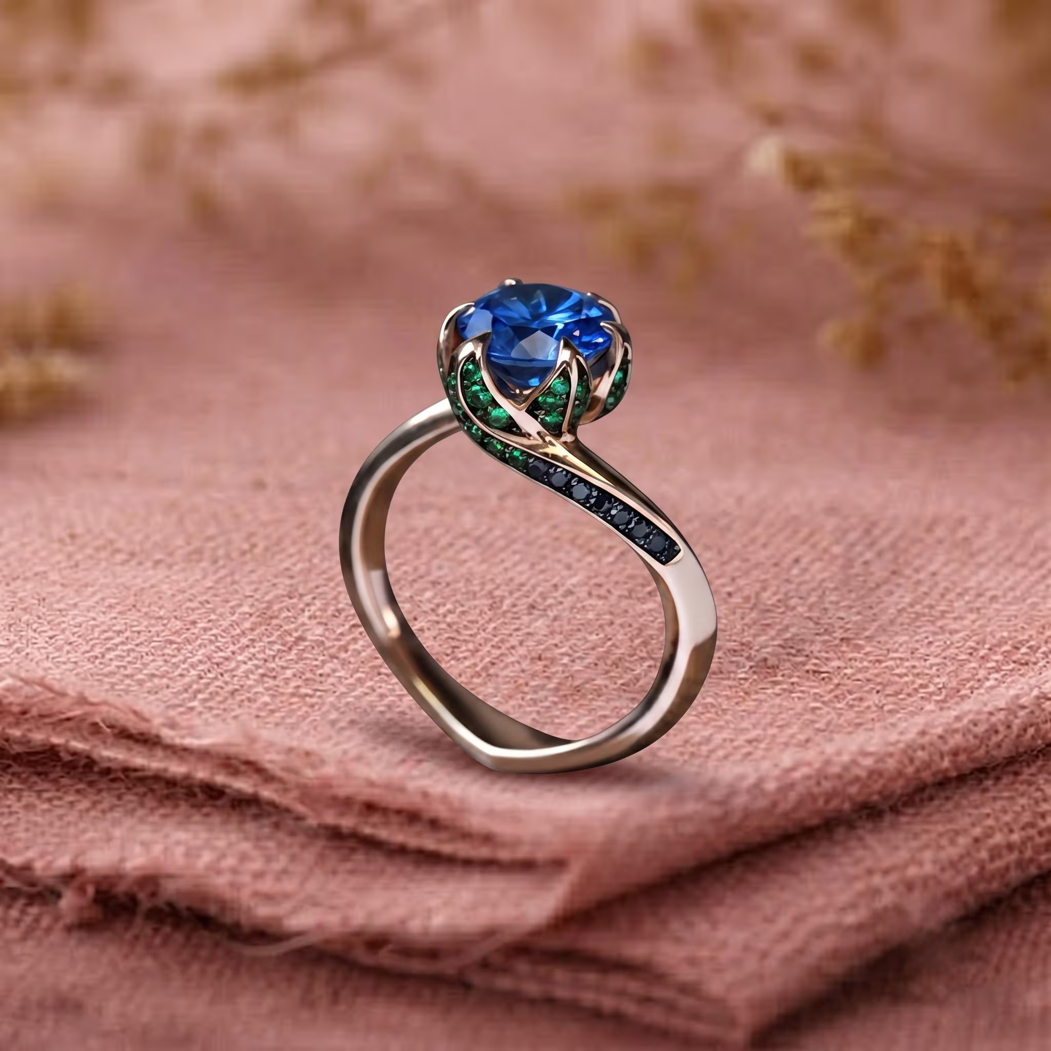 Blue Sapphire Engagement Ring, 14k Gold Round Cut Blue Gemstone Ring, Handmade Art Deco Green And Black Accents Ring, Anniversary Jewelry