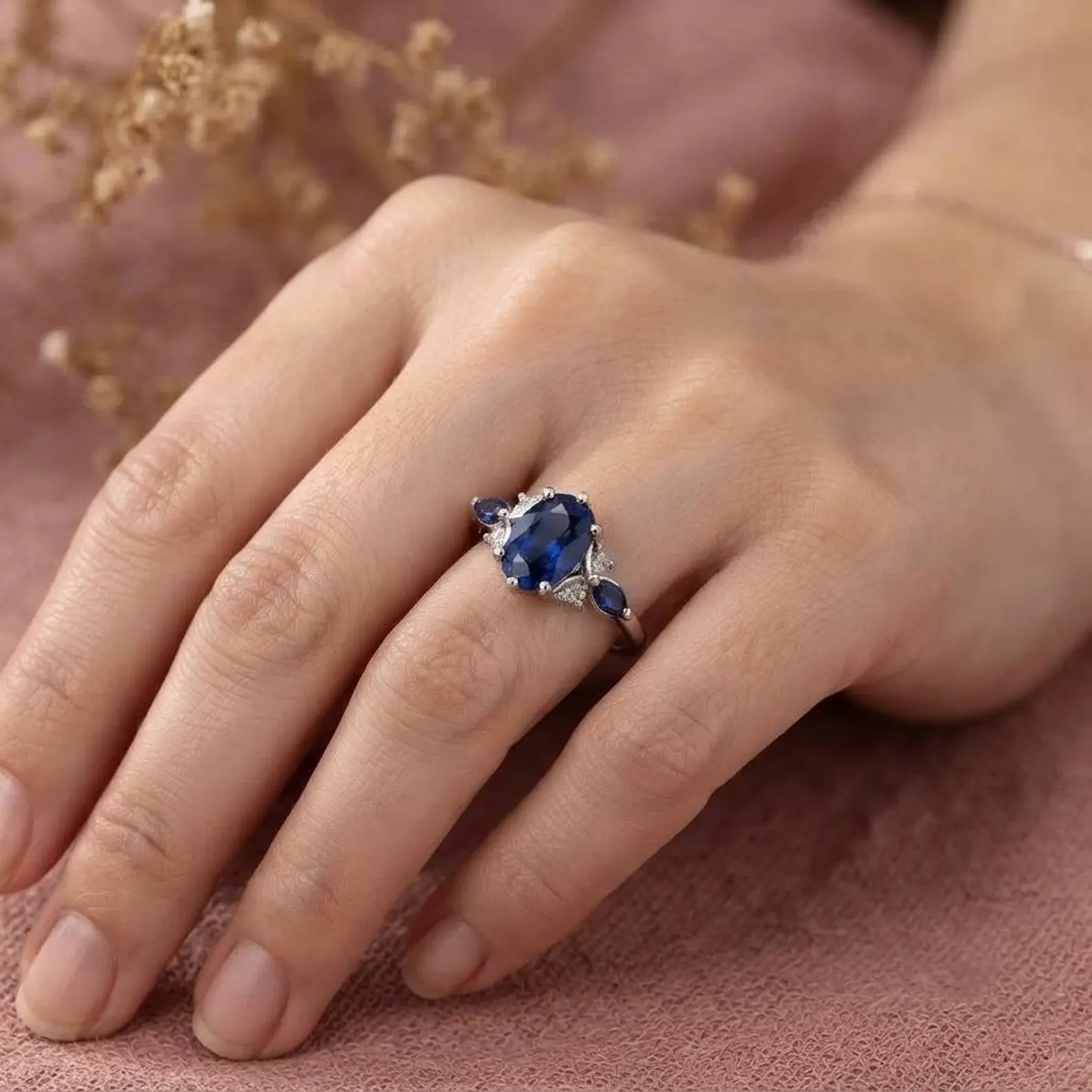 Oval Blue Sapphire Engagement Ring, Vintage Cluster Diamond Ring, Blue Sapphire Statement Ring, Unique Alternative Bridal Gift Ring For Wife