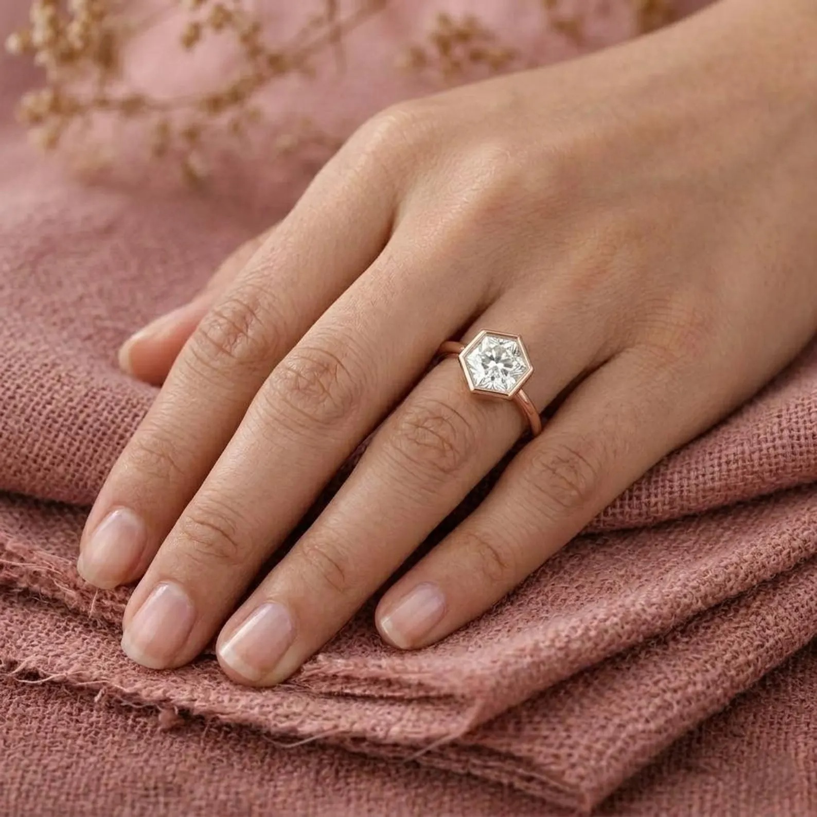 Hexagon Moissanite Engagement Ring, Rose Gold Bezel Set Ring, Geometric Solitaire Ring, Minimalist Promise Ring for Her, Bezel Set Ring