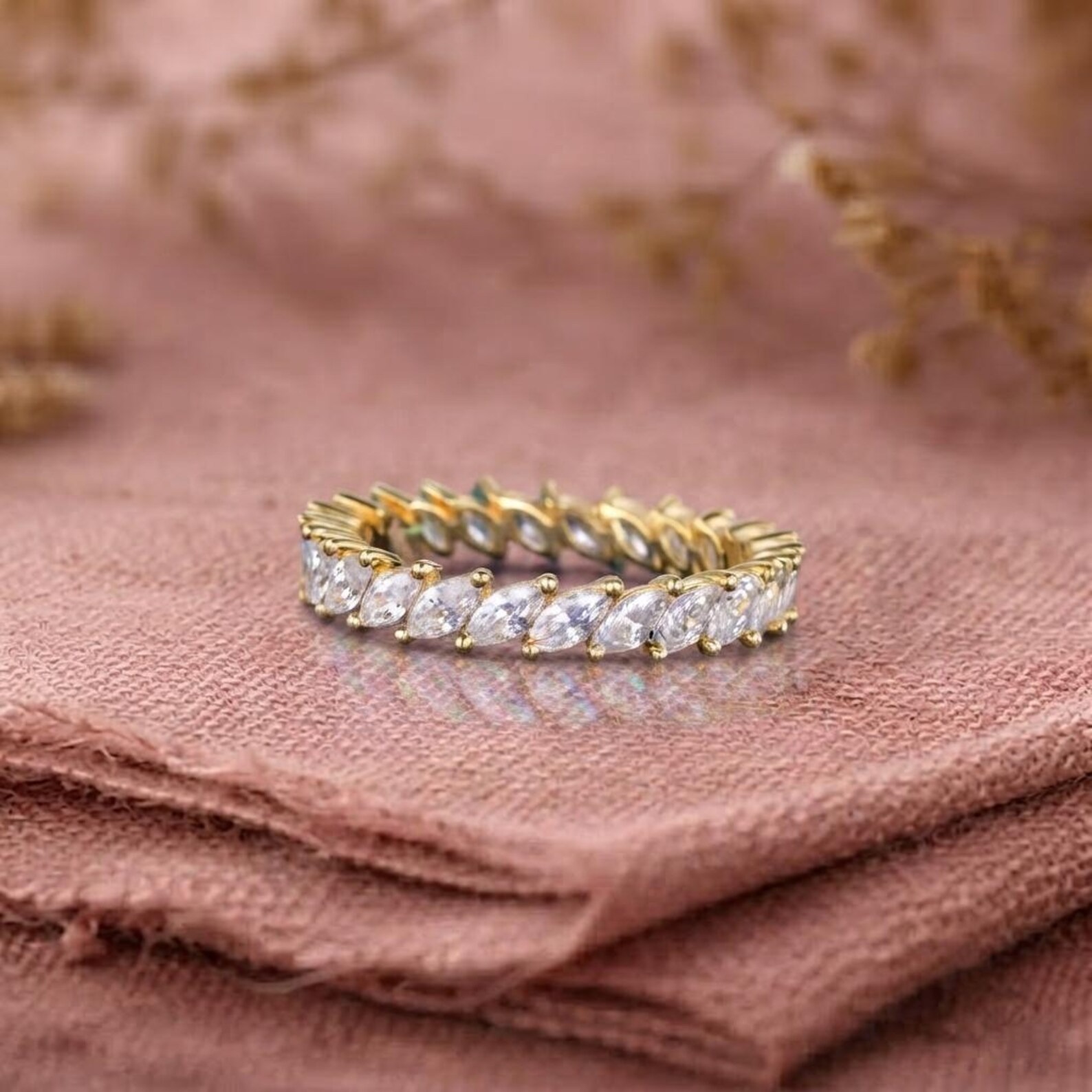 Vintage Moissanite Marquise Cut Wedding Band, 14k Yellow Gold Engagement Band, Women Full Eternity Band Promise Ring. Anniversary Band Ring