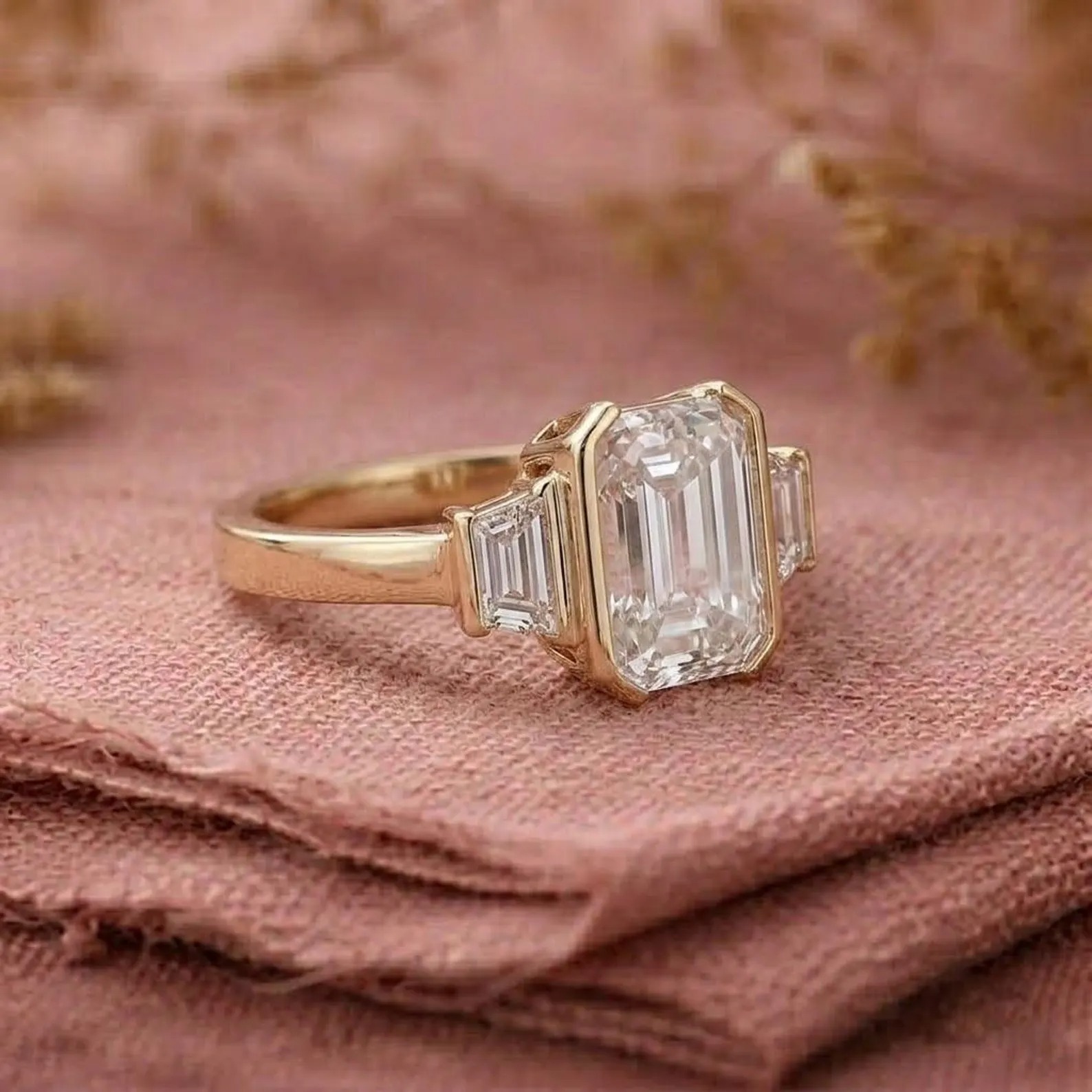 2 CT Emerald Cut Moissanite Engagement Ring, Three Stone Wedding Ring, Half Bezel Setting, Baguette Cut Side Tapper Ring, Anniversary Gift