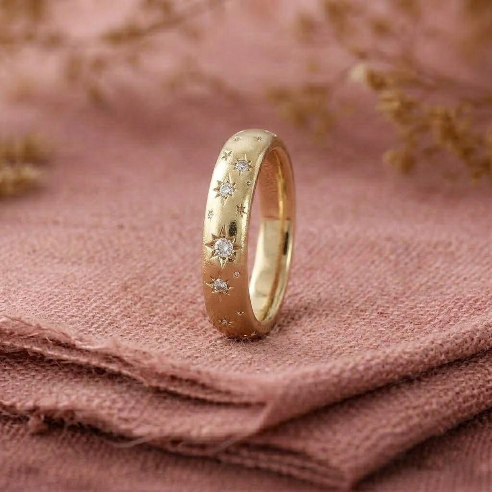 14K Solid Gold Diamond Starburst Wedding Band , Eternity Diamond Band, Star Engraved Stacking Ring, Celestial Ring For Women, Proposal Rings