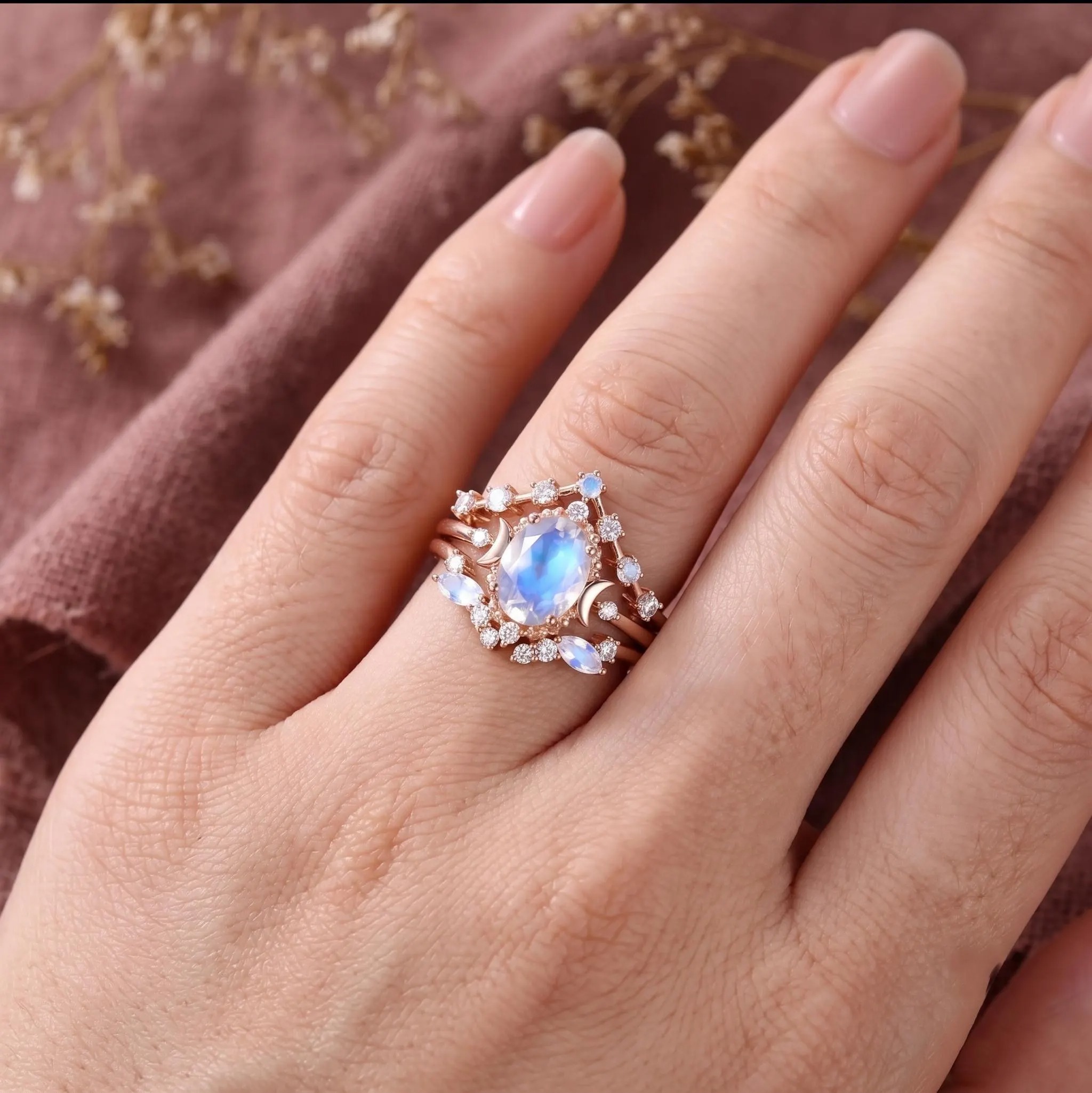 Oval Opal Ring Set, 3pcs Oval Opal Engagement Ring Set, Art Deco Fitted Opal Ring Set, Opal Bridal Set, Bridal Set, Christmas Gift