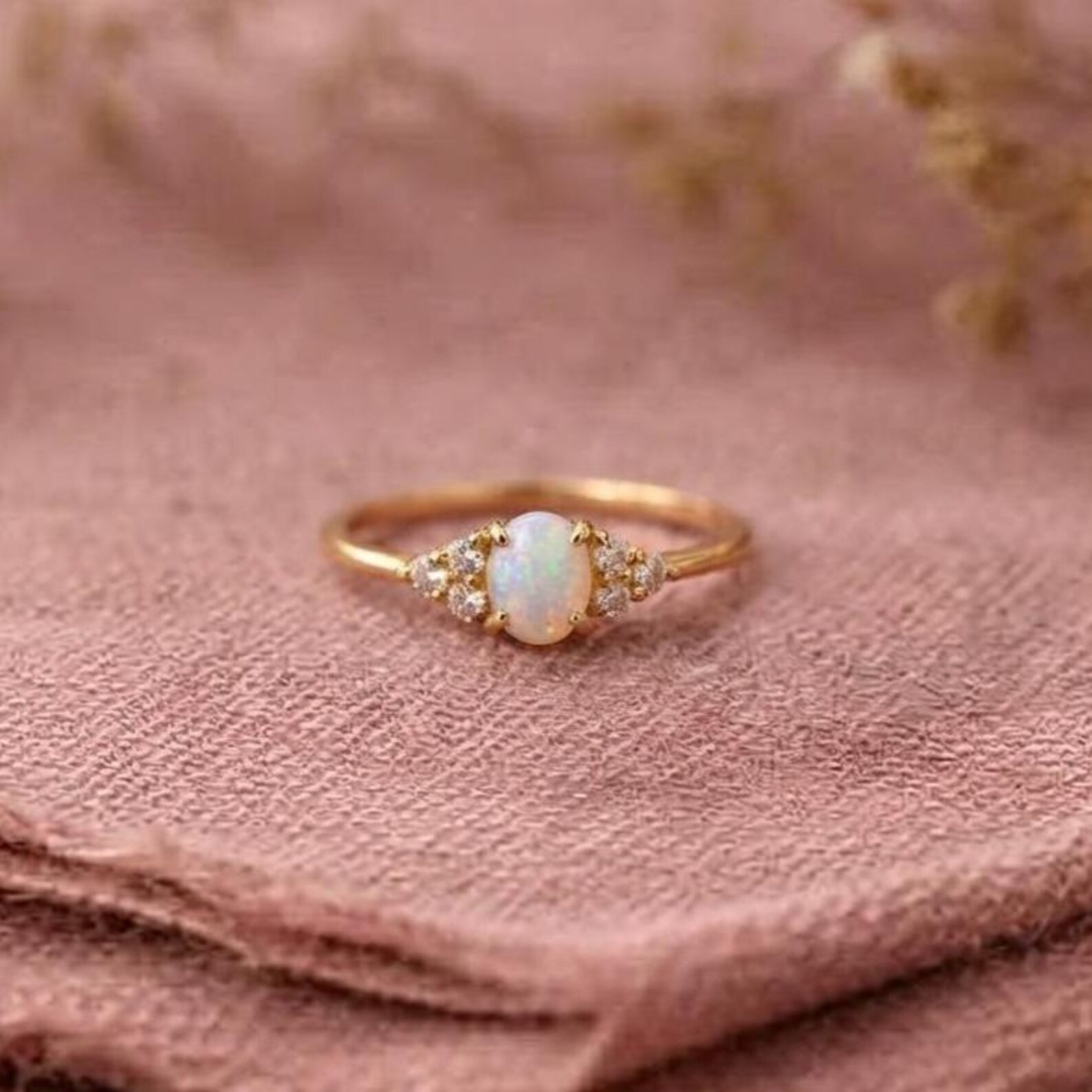 Natural Opal 14k Gold Ring,Oval Engagement Ring,Diamond & Opal Ring,Dainty Opal Ring,Promise Ring,October Birthstone,Birthday Gift for Her