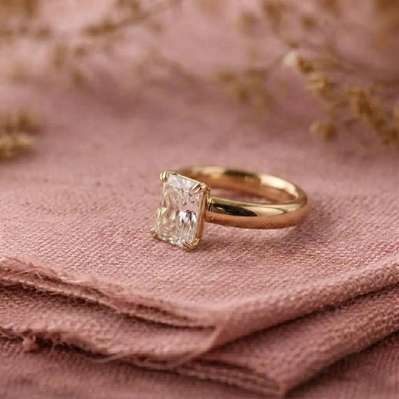 Emerald Cut Moissanite Engagement Ring, Wide Band Promise Ring, Solitaire Anniversary Ring, Wedding Band Bridal Ring, Anniversary Gift
