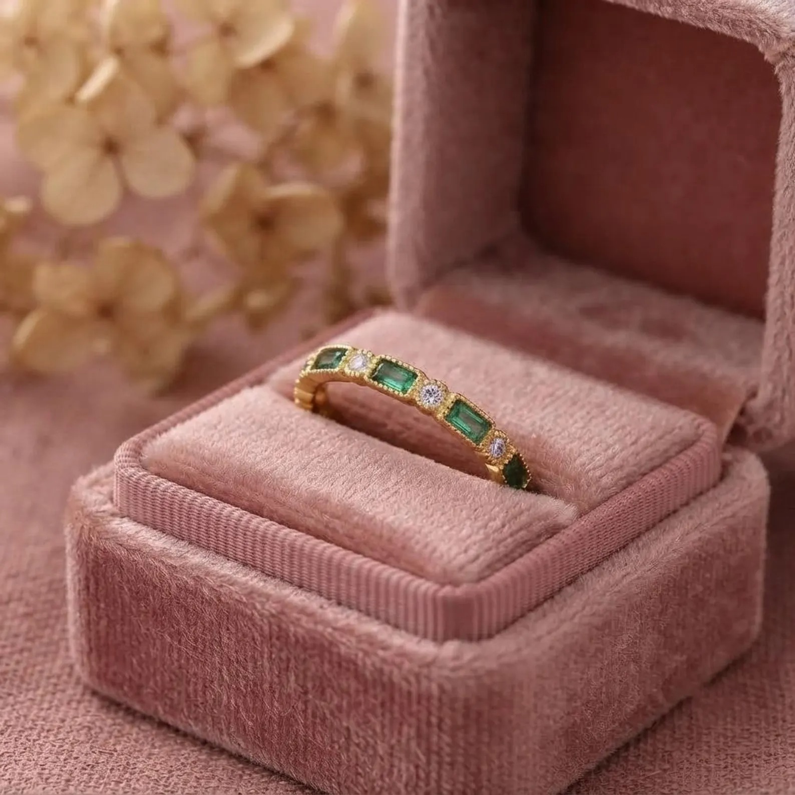 Baguette Emerald Half Eternity Wedding Band, Art Deco Moissanite Ring, Matching Band, Vintage May Birthstone Promise Band, Gift for Her