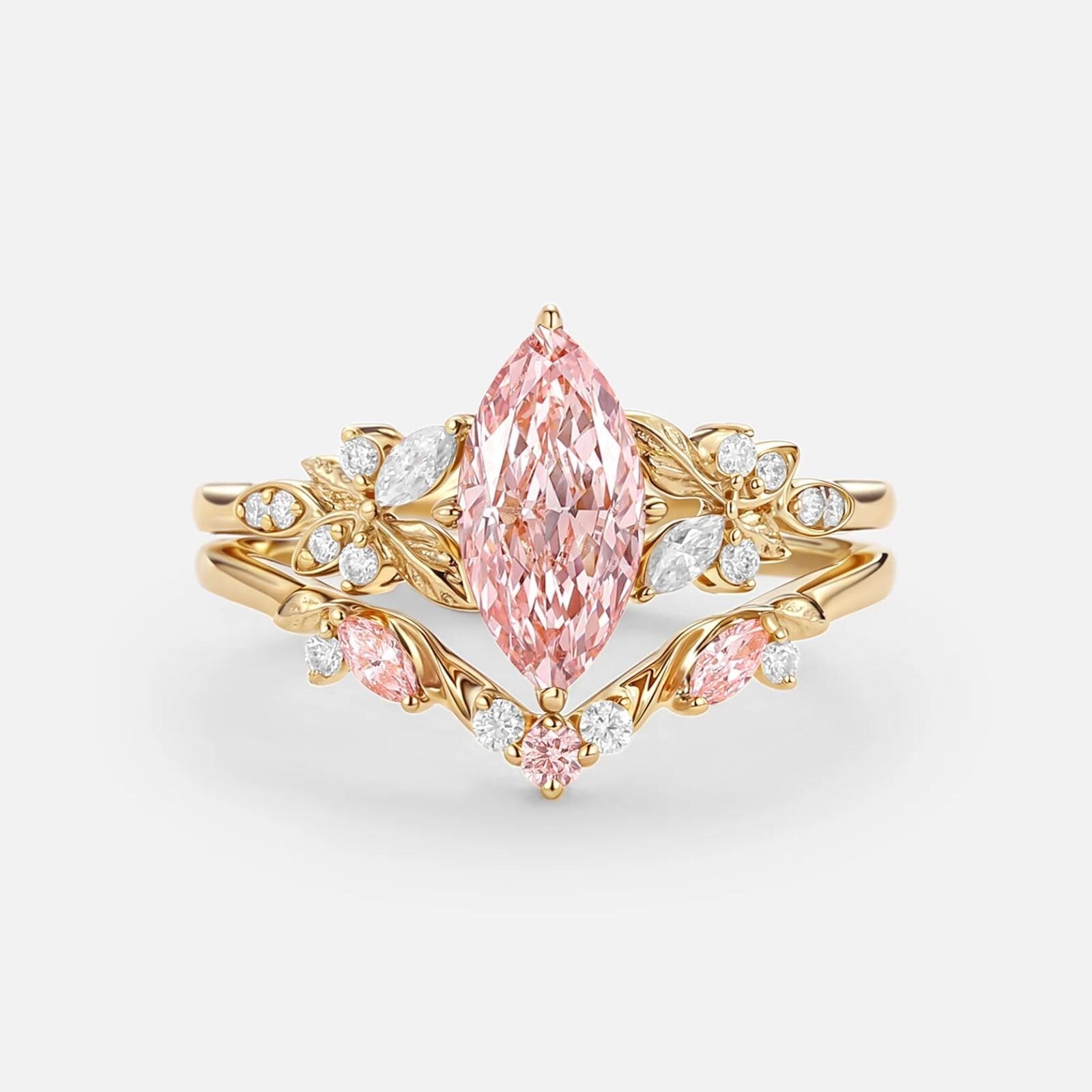 Vintage Pink Marquise Sapphire Bridal Ring Set / Rose Gold Floral Engagement Ring Set, Vintage Leaf Diamond Cluster Wedding Band, Bridal Set