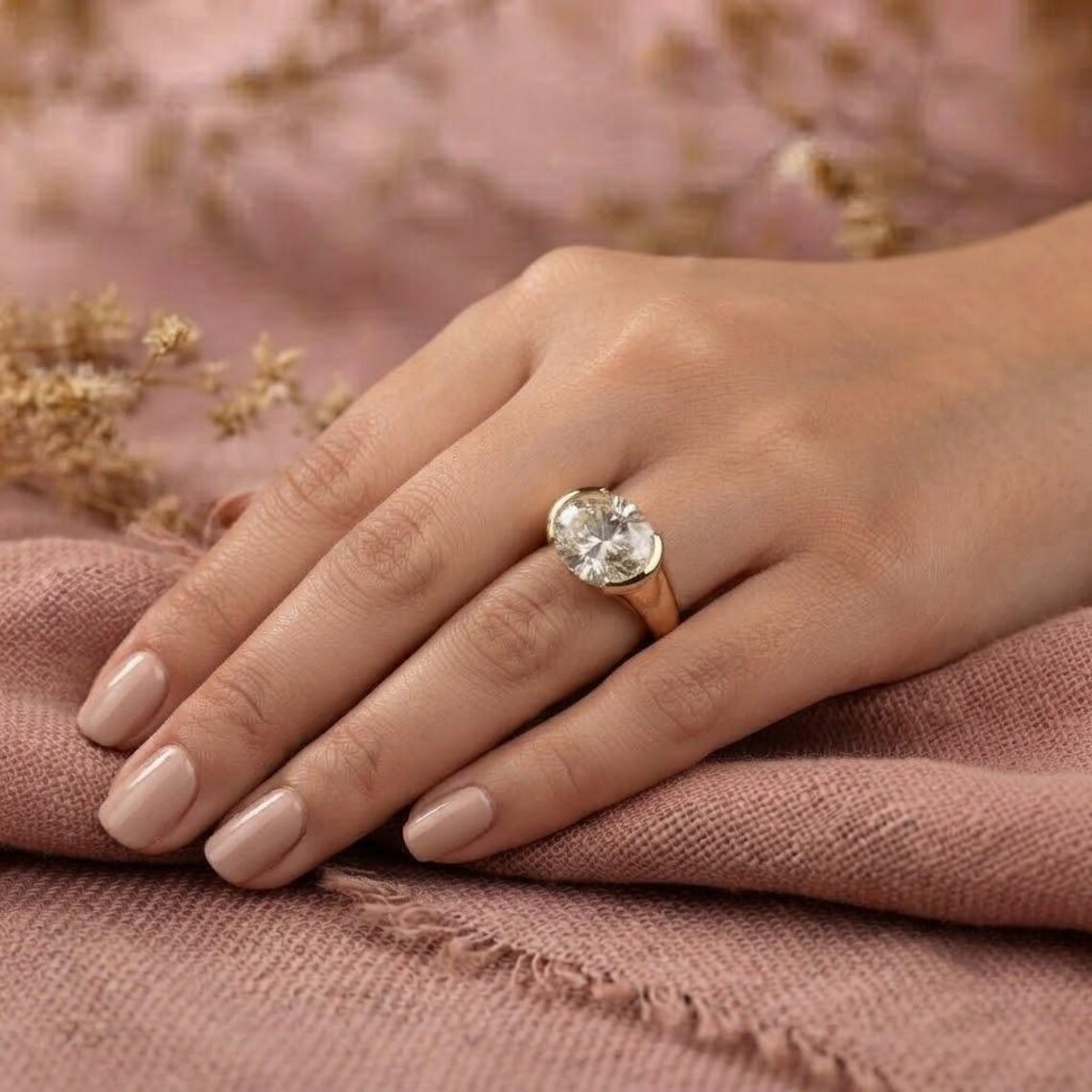 Oval Cut Moissanite Engagement Ring, 14K Yellow Gold Half Bezel Set Ring, Solitaire Wedding Ring, East To West Oval Cut Ring, Signet Ring
