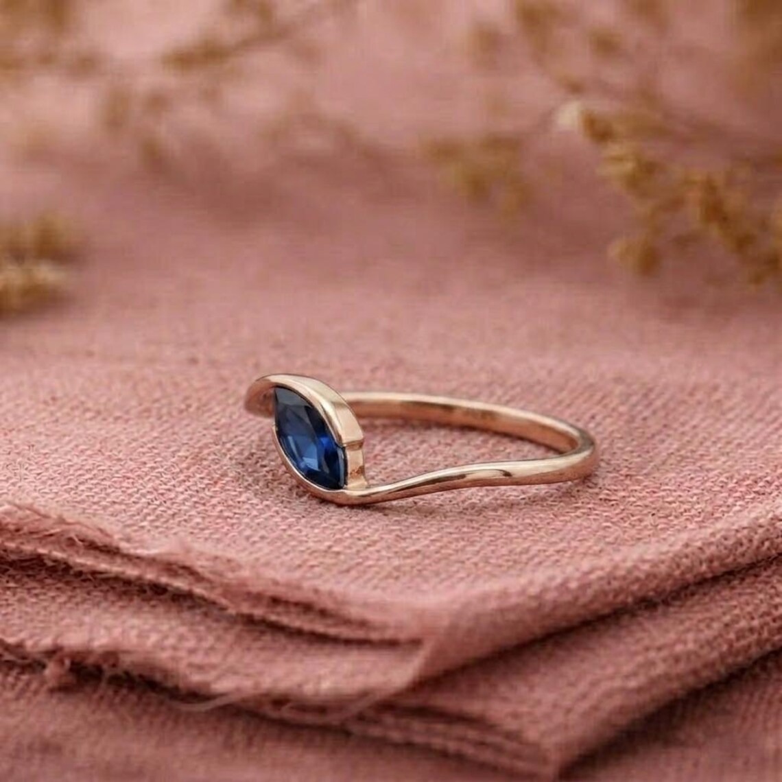 Marquise Cut Sapphire Wedding Ring, East-West Bypass Blue Gemstone Bridal Jewelry, Dainty 14k Solid Gold Engagement Ring, Christmas Gift
