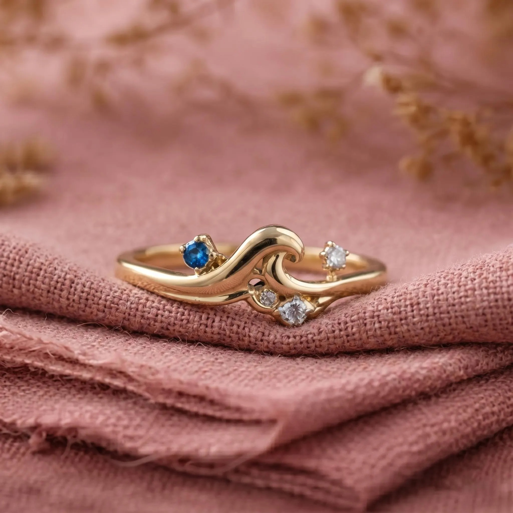 Ocean Wave Sapphire Ring, Blue Sapphire Engagement Ring, Gold Wave Ring, Minimalist Promise Ring, Beach Lover Gift, Dainty Diamond Ring