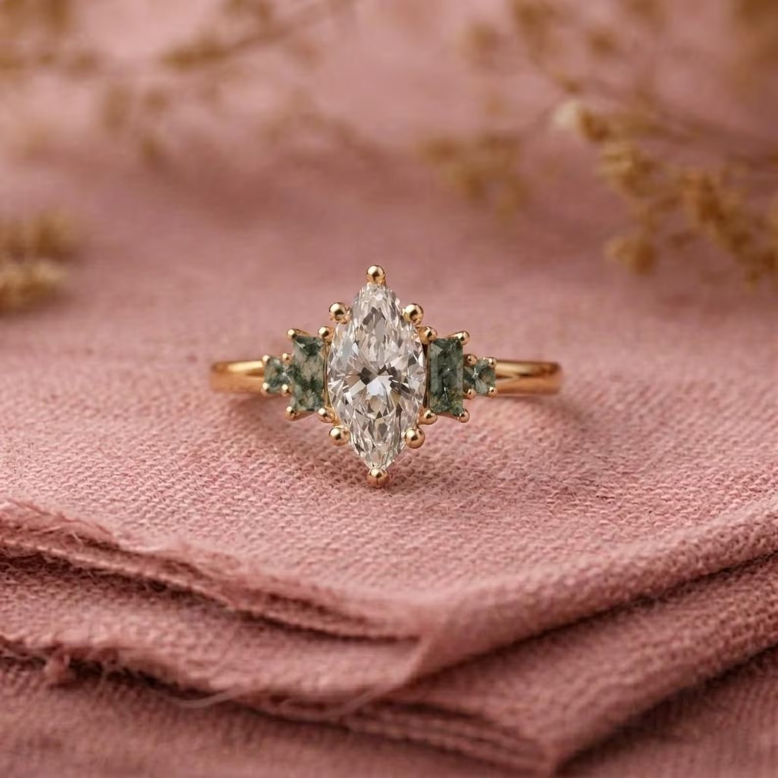 Marquise Moissanite Moss Agate Engagement Ring, Vintage Side Accent, Baguette Green Gemstone Ring, Unique Bridal Gold Jewelry, Gift for Her