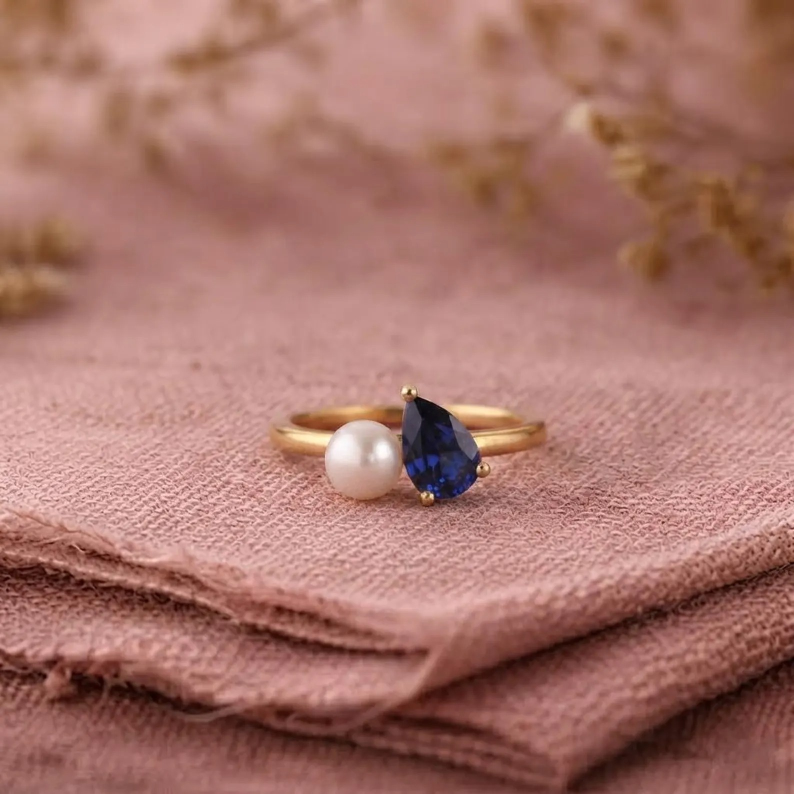 Toi et Moi Pearl And Sapphire Engagement Ring, Cluster Round & Pear Cut Two Stone Wedding Ring, Vintage Prong Set Anniversary Ring For Her