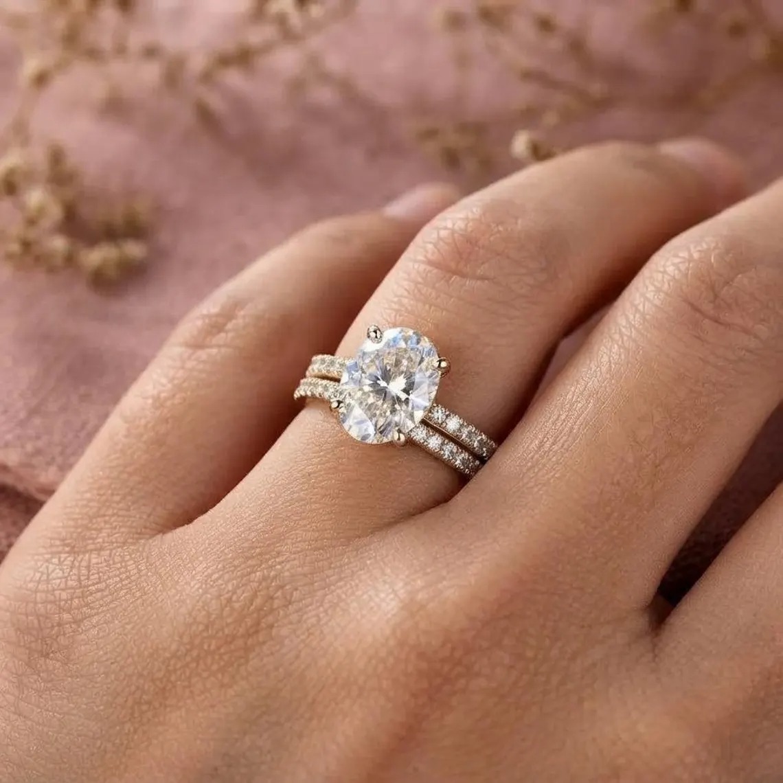 1.5 Ct Oval Cut Moissanite Wedding Ring Set, Moissanite Engagement Ring Set, Vintage Bridal Set, Art Deco Matching Bands, 14k/18k Gold Ring